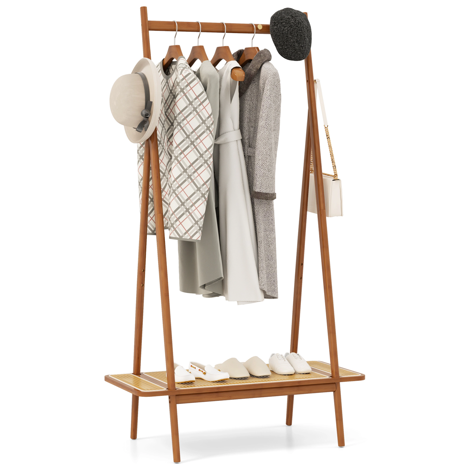 Glintex Bamboo Clothes Rack with Rattan Shelf Copper Hooks and 88-Lb Rod