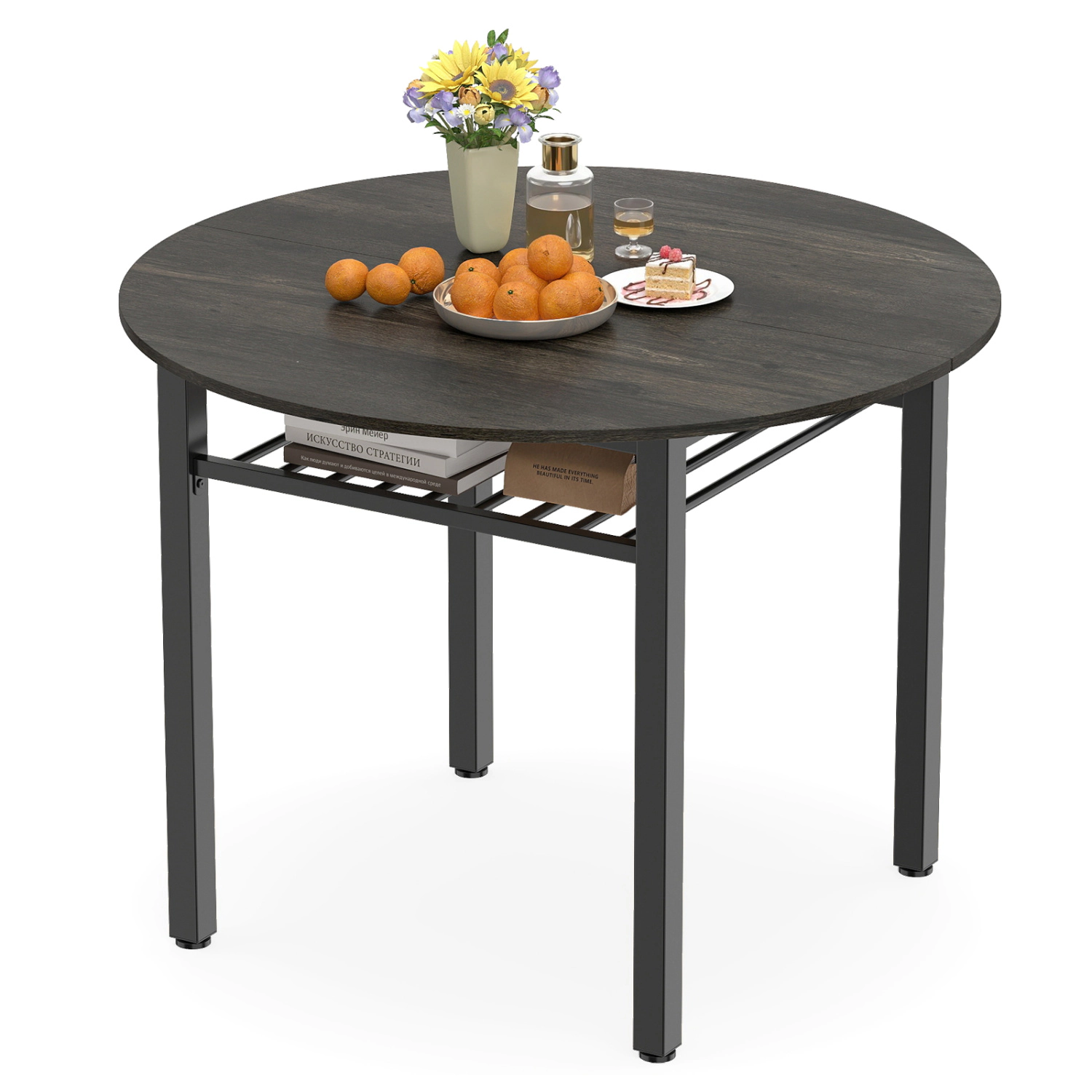 LJG 40" Round Kitchen Table with Storage Shelf and Metal Frame for 4 People