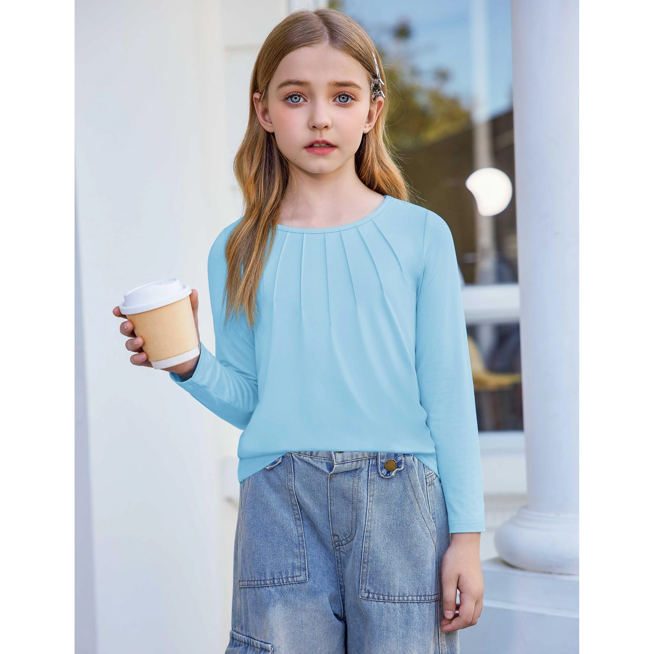 Arshiner Girls Long Sleeve Tops Dressy Pleated Round Neck Tunic Blouses Casual Loose Shirts