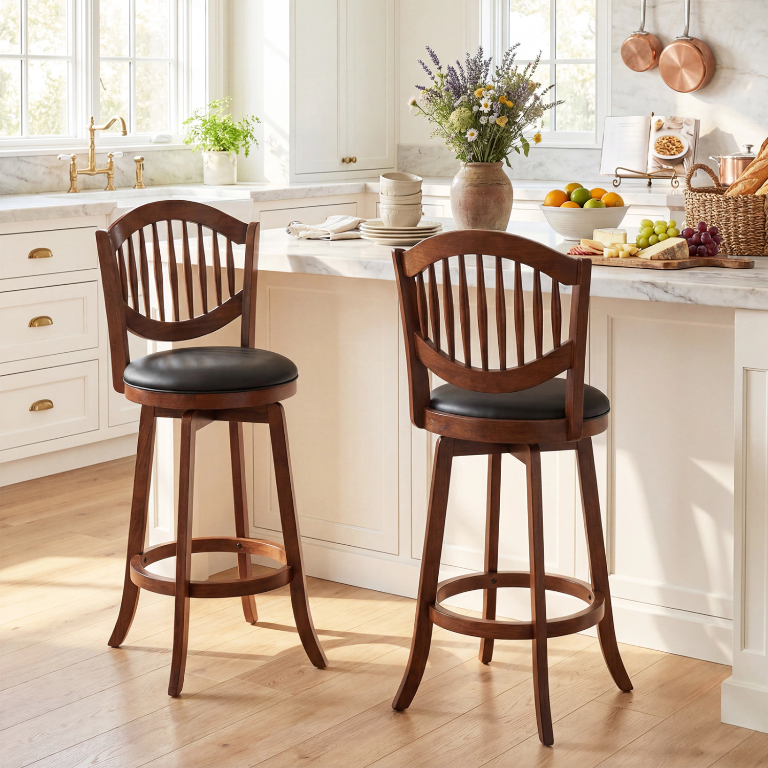 LJG Swivel Bar Stools Set of 2 with Backrest and Wood Frame