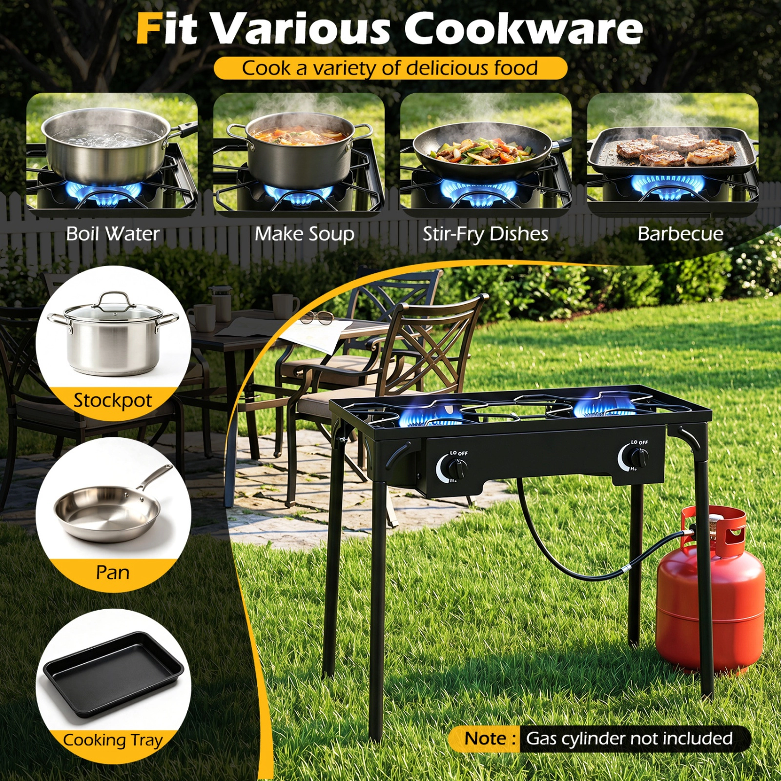 SUGIFT 160000 BTU 2-Burner Propane Stove with Adjustable Regulator and Hose 440-lb Capacity Black