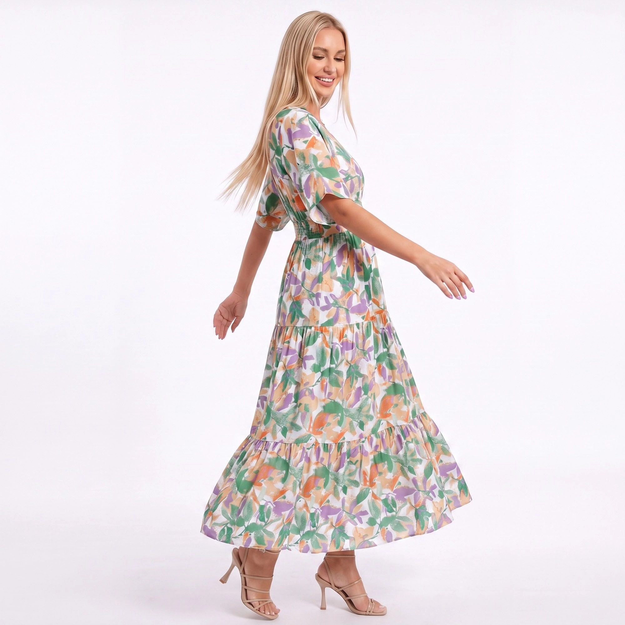 Anna-Kaci Women's Abstract Floral V-Neck Tiered Maxi Dress