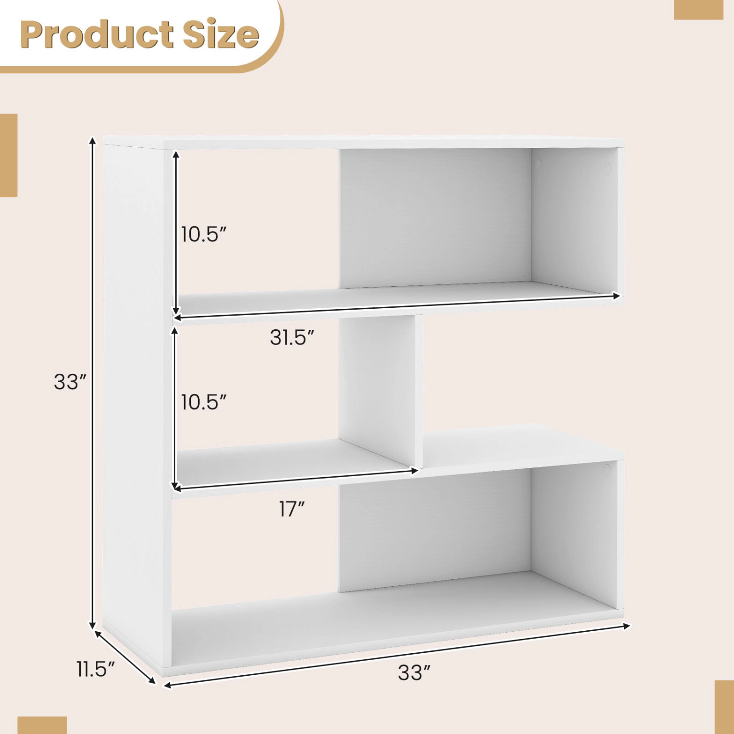 LJG Concave Bookshelf with 3 Open Shelves & Anti-Toppling Device for Living Room