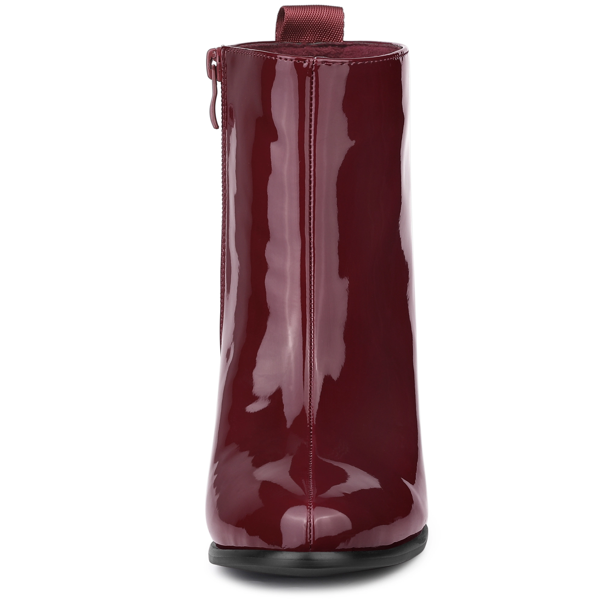 BLISSFUL STEP Women Patent Leather Round Toe Zipper Chunky Heels Ankle Boots