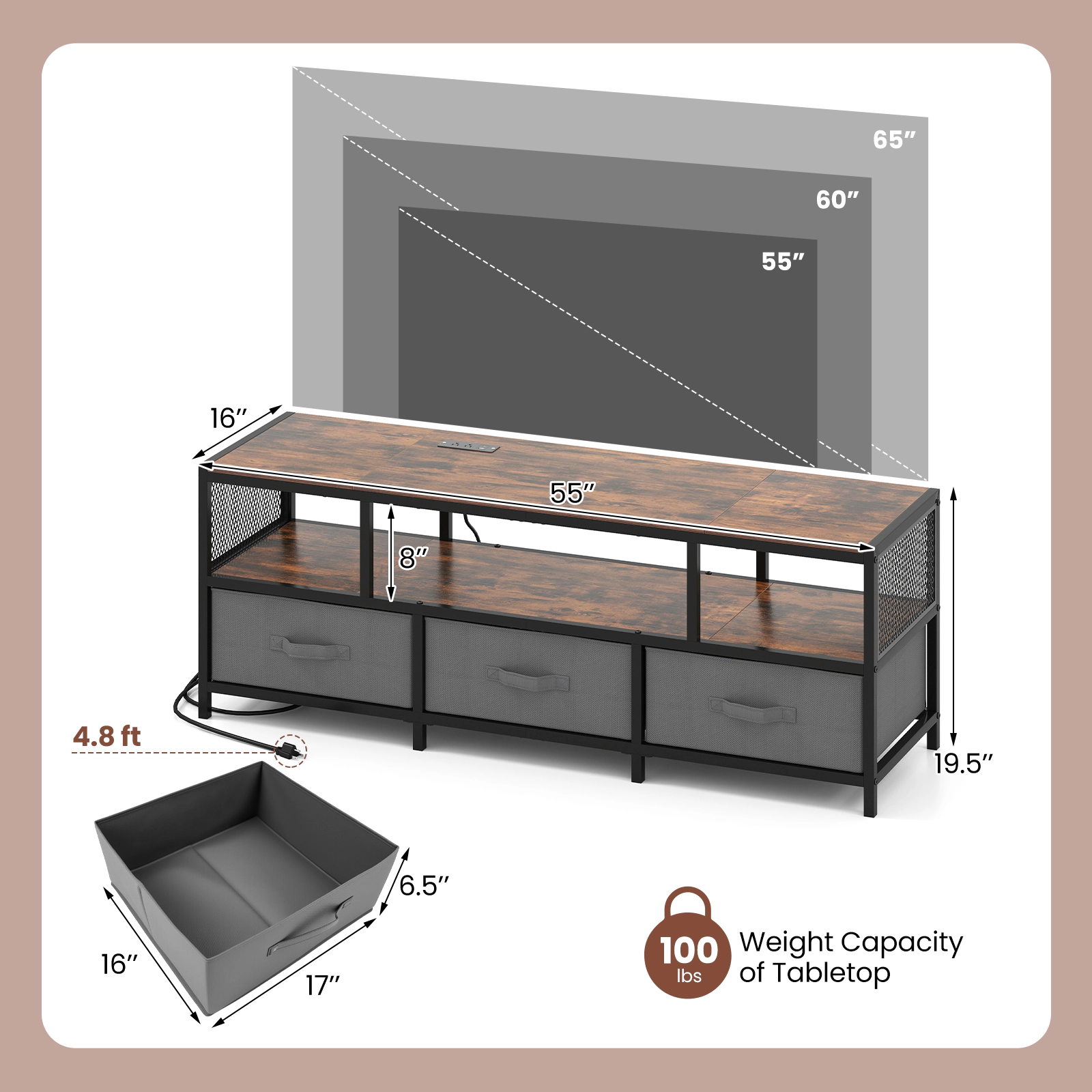 SUGIFT 55-in TV Stand with 3-Tier Storage and Charging Station for TVs up to 65 in 100-lb Tabletop Capacity Rustic Brown
