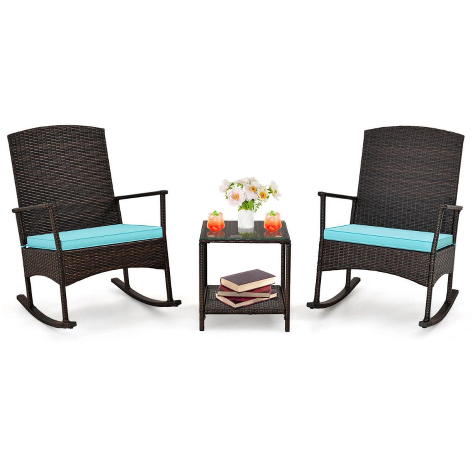 SUGIFT 3-Piece Turquoise Patio Wicker Rocking Chair Set with 2-Tier Glass Table 18-in Seat H 400-lb Chair Capacity