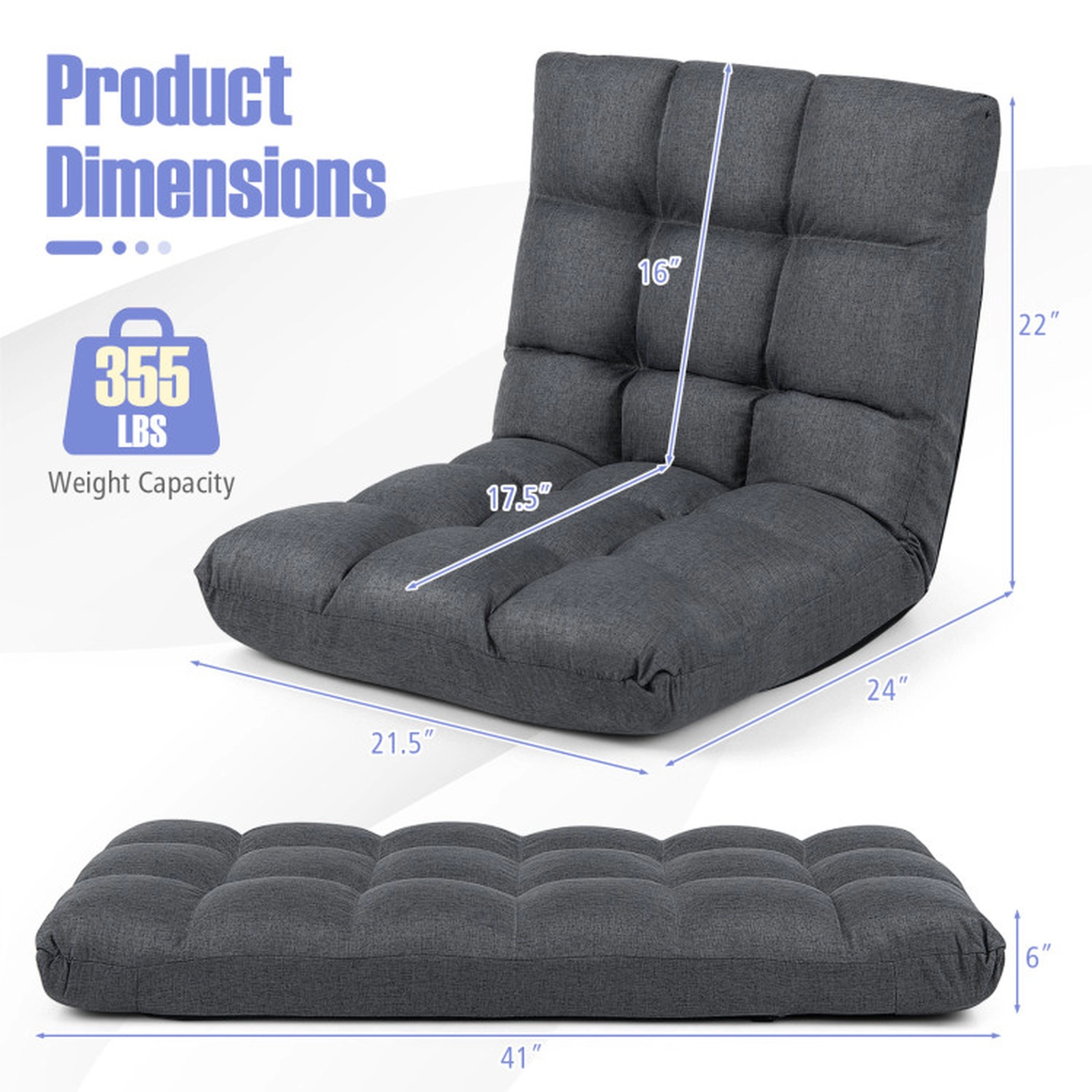 SUGIFT 14-Position Adjustable 264-lb Capacity Gray Cotton Linen Folding Lazy Floor Gaming Sofa Recliner