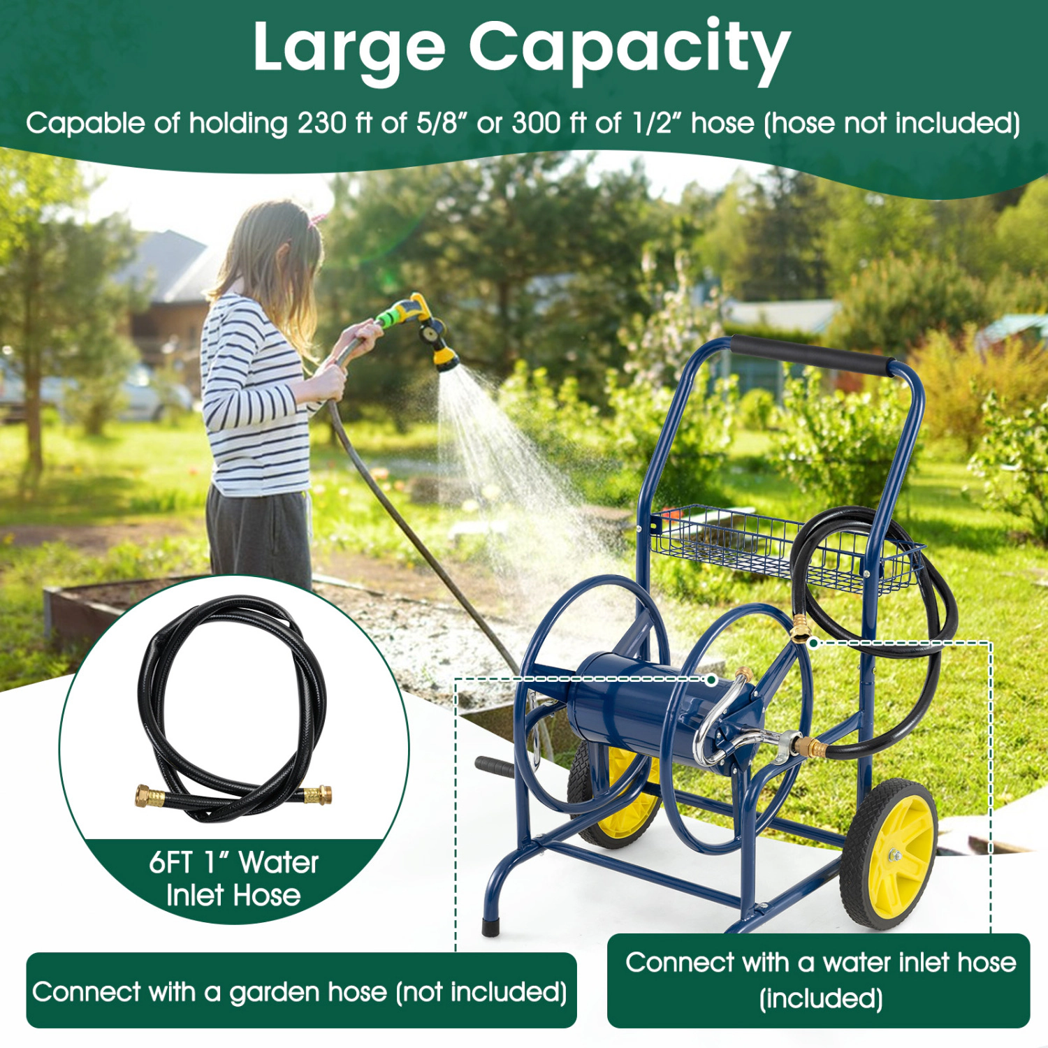 LJG Garden Hose Reel Cart with 2 Wheels and Storage Basket