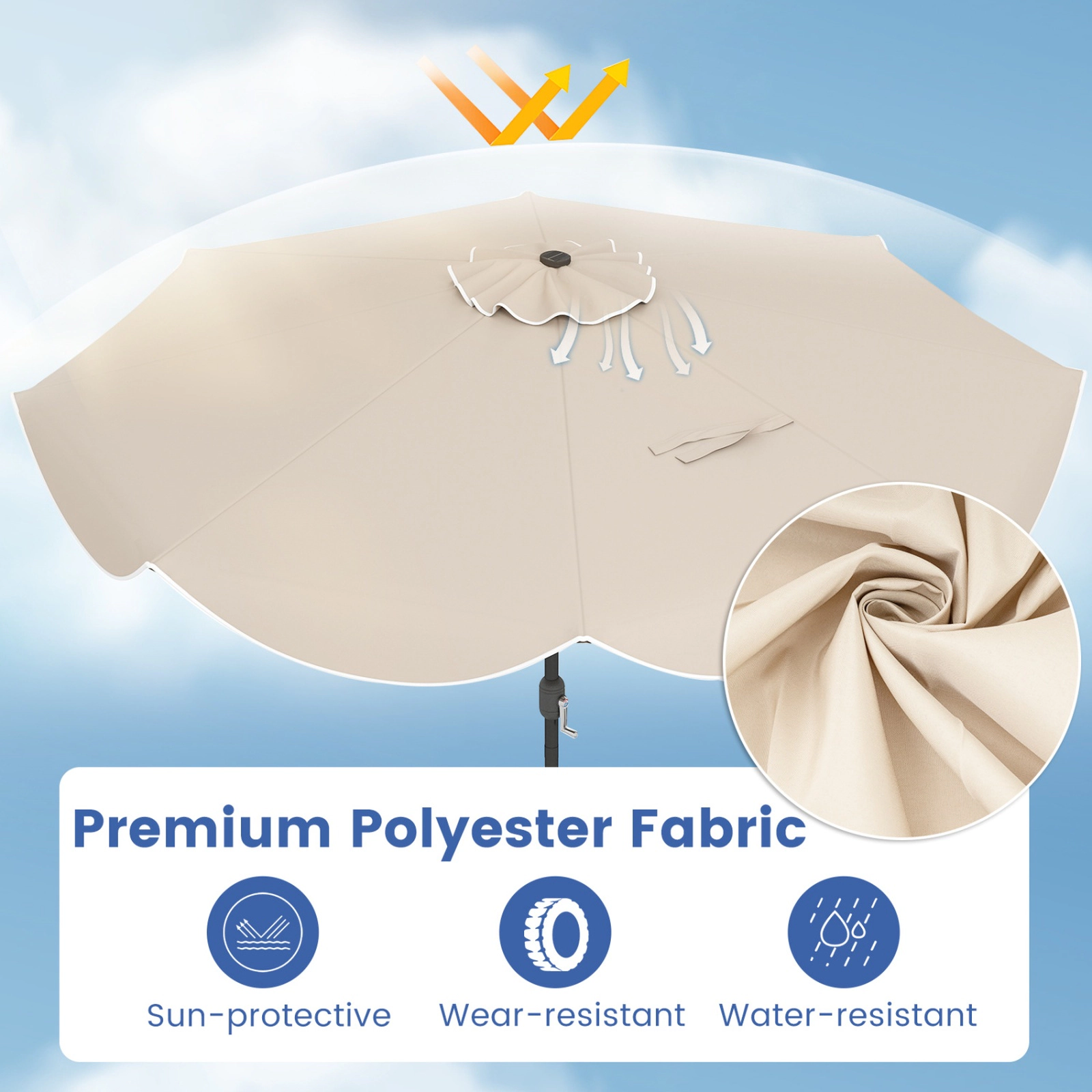 SUGIFT 10-ft Beige Solar Patio Umbrella with 24 LED Lights, Push-Button Tilt and Scalloped Canopy