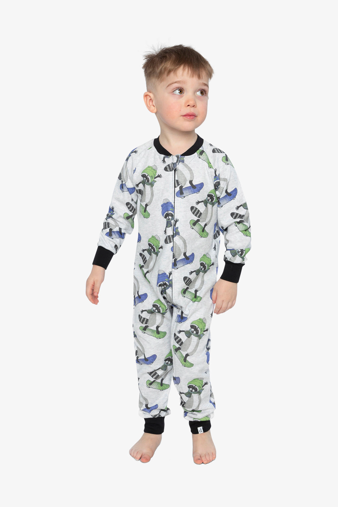 Deux par Boys Organic Cotton Raccoon Print Front Zip Long Sleeve One Piece Pajama