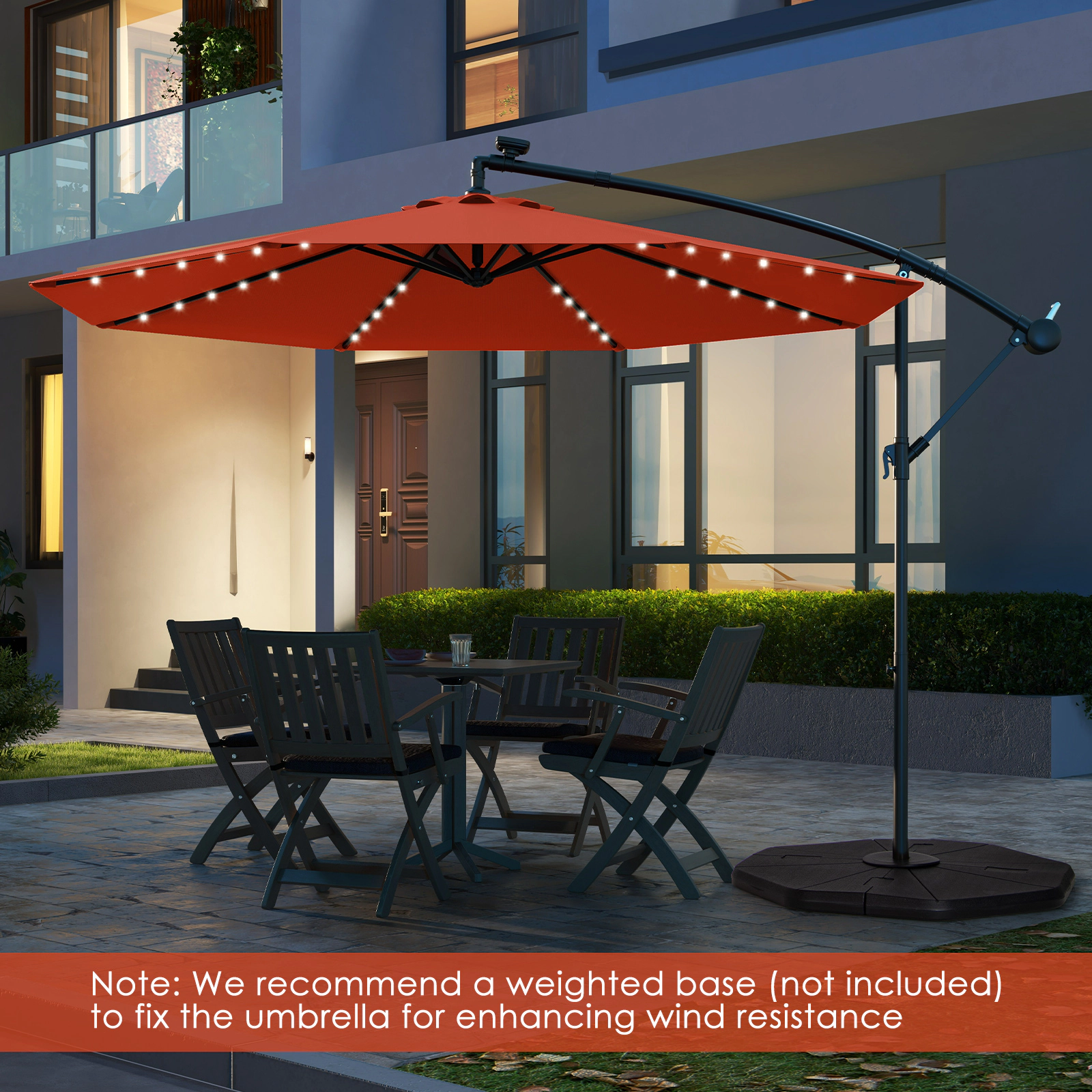 SUGIFT 10-ft Orange Solar LED Offset Patio Umbrella, 40 Lights, Manual Tilt, Crank Lift, Cross Base