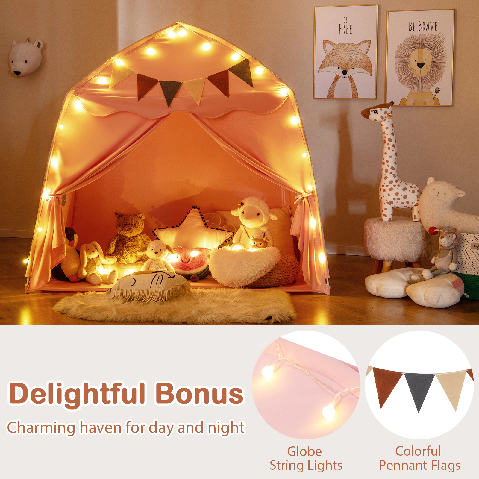 Extra Large Kids Play Tent and Bed Tent for Beds Up to 54-in Wide Pink Boho Playhouse