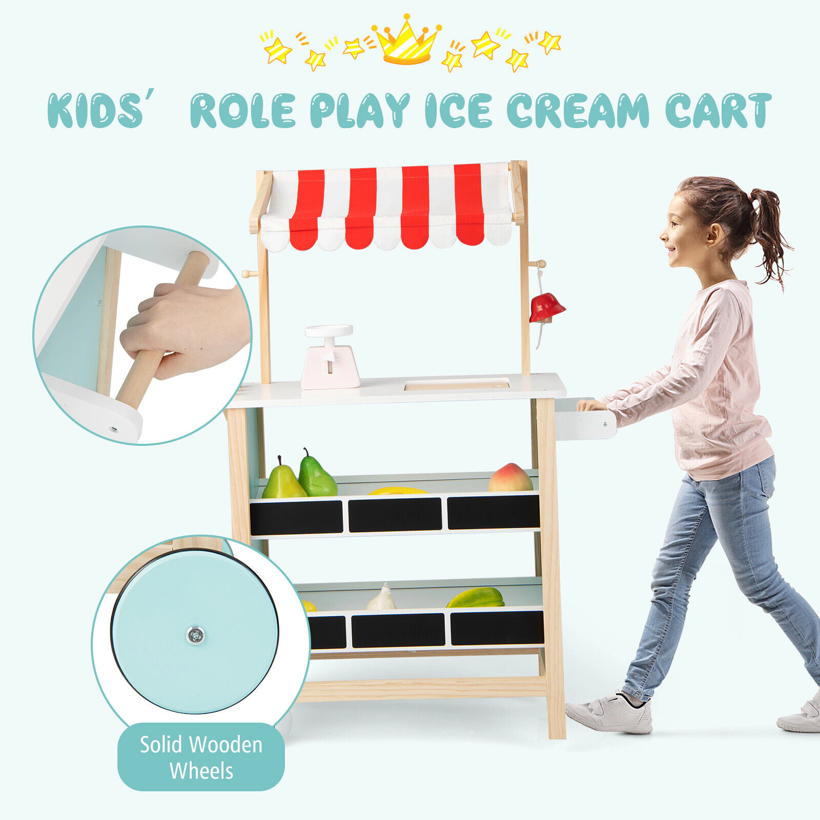 SUGIFT Red Chalkboard and Storage Shelves Kids Wooden Ice Cream Cart