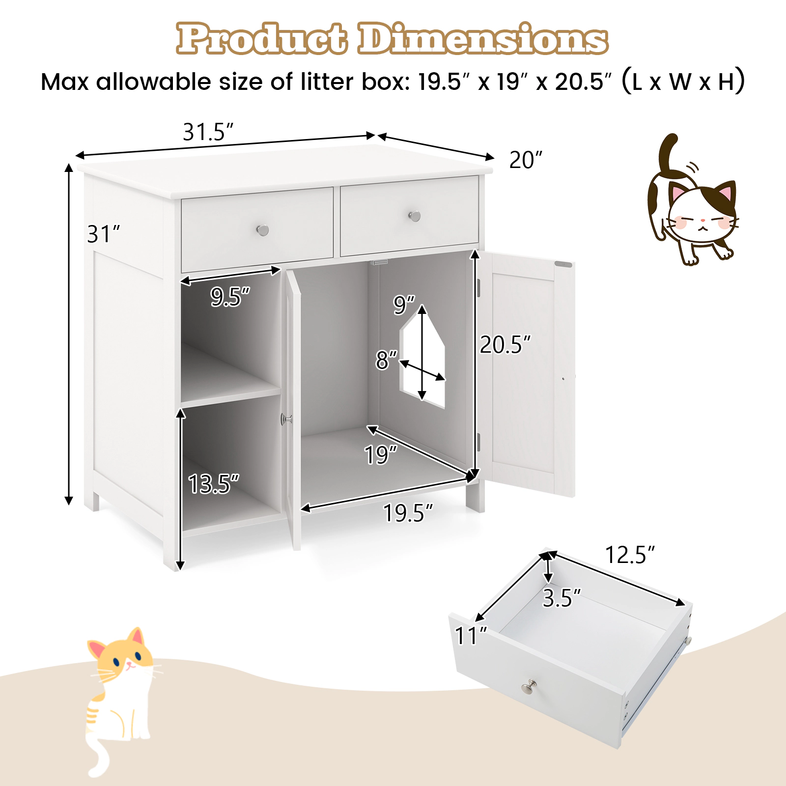SUGIFT 31.5 x 31-in White Wooden Hidden Cat Litter Box Enclosure Side Cabinet with 2 Drawers and Side Entrance
