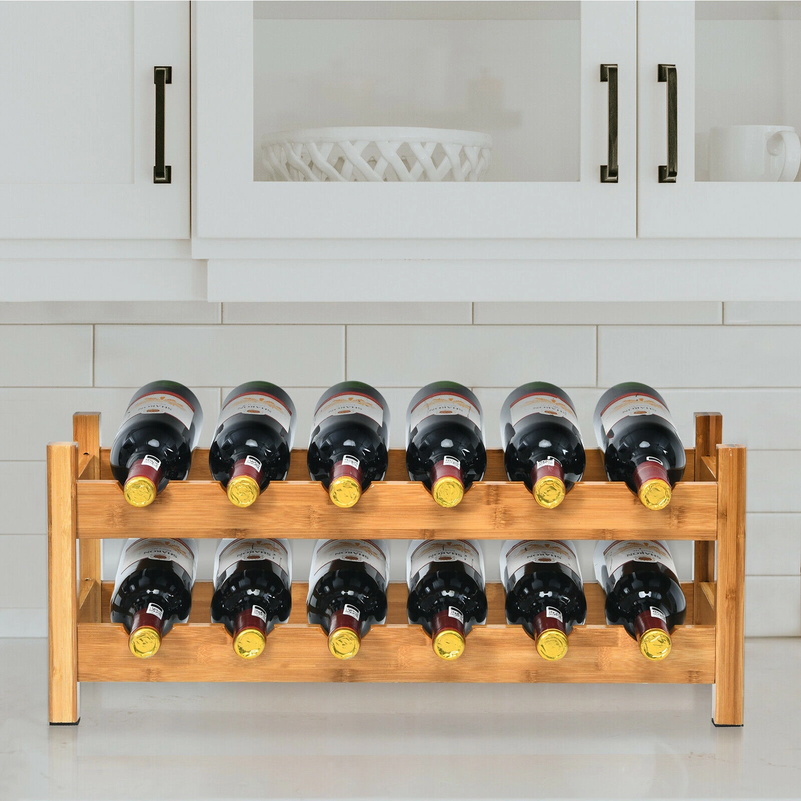 SUGIFT 2-Tier Bamboo Wine Rack Natural Countertop Storage Shelf for 12 Bottles