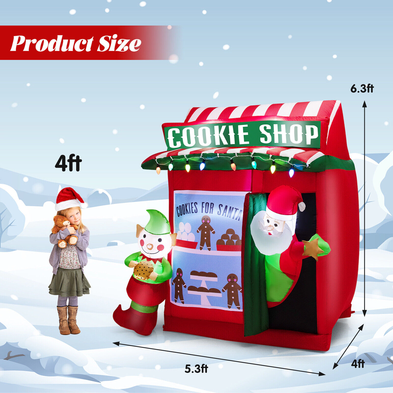 Glintex 6.3-Ft Inflatable Gingerbread Cookie Shop with String and LED Lights, Red