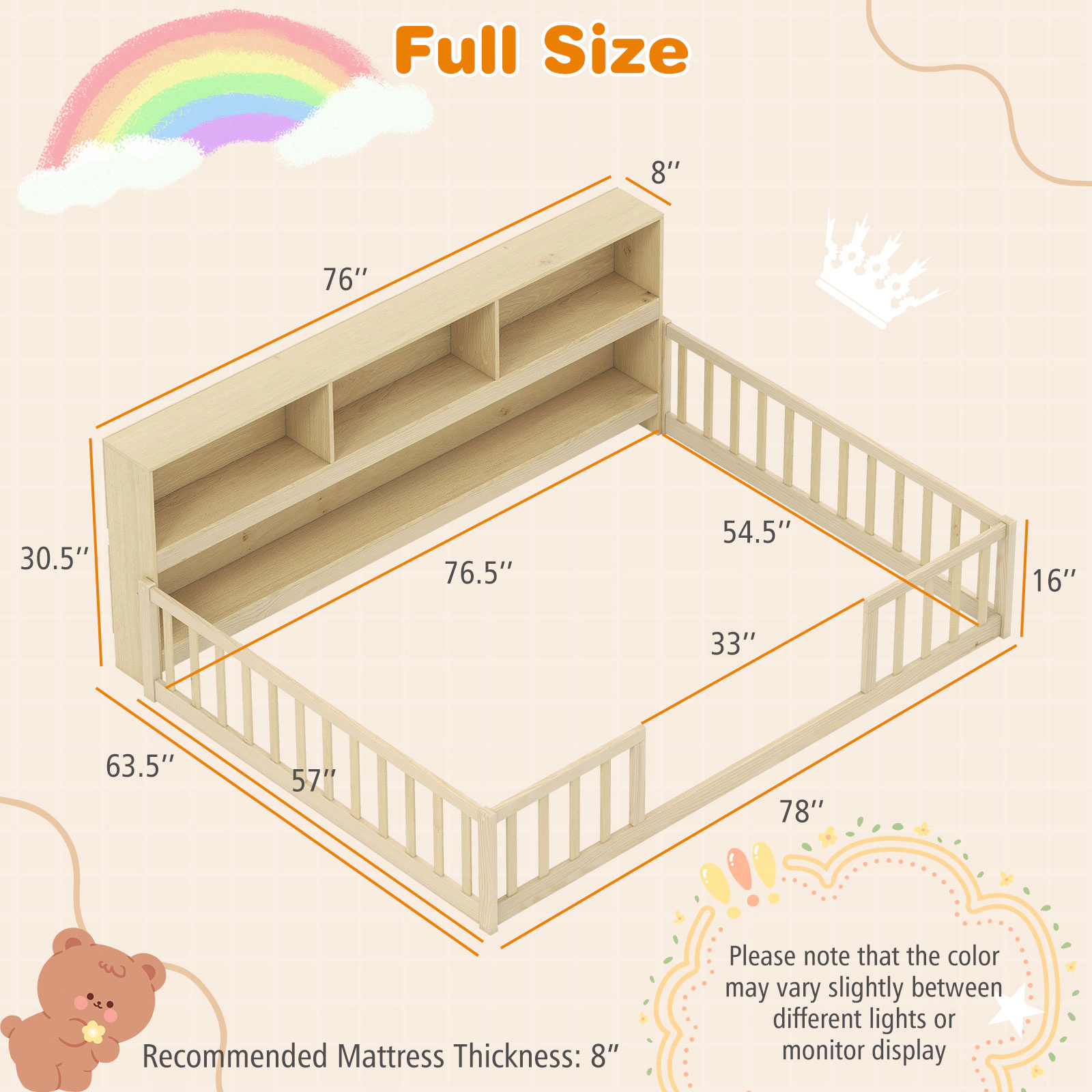 SUGIFT Integrated Bookcase and Full-Length Guardrails Pine Wood Full Kids Montessori Floor Bed