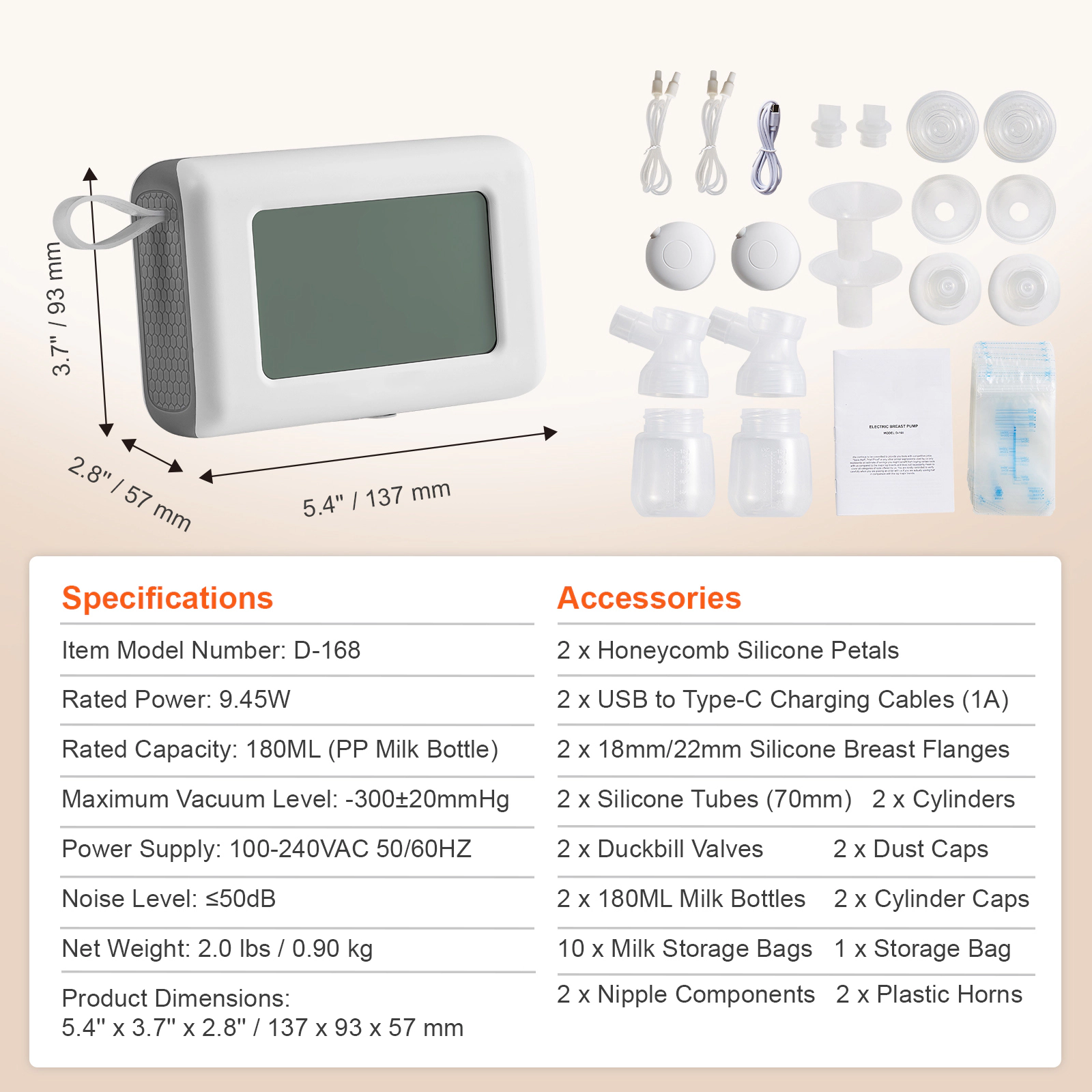 HONGGE Electric Breast Pump with 4 Suction Levels & 300mmHg