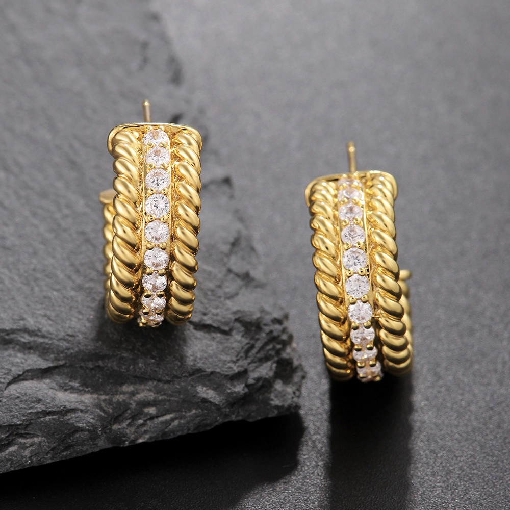 Twisted Rope Pave Cubic Zirconia C-Hoop Stud Earring