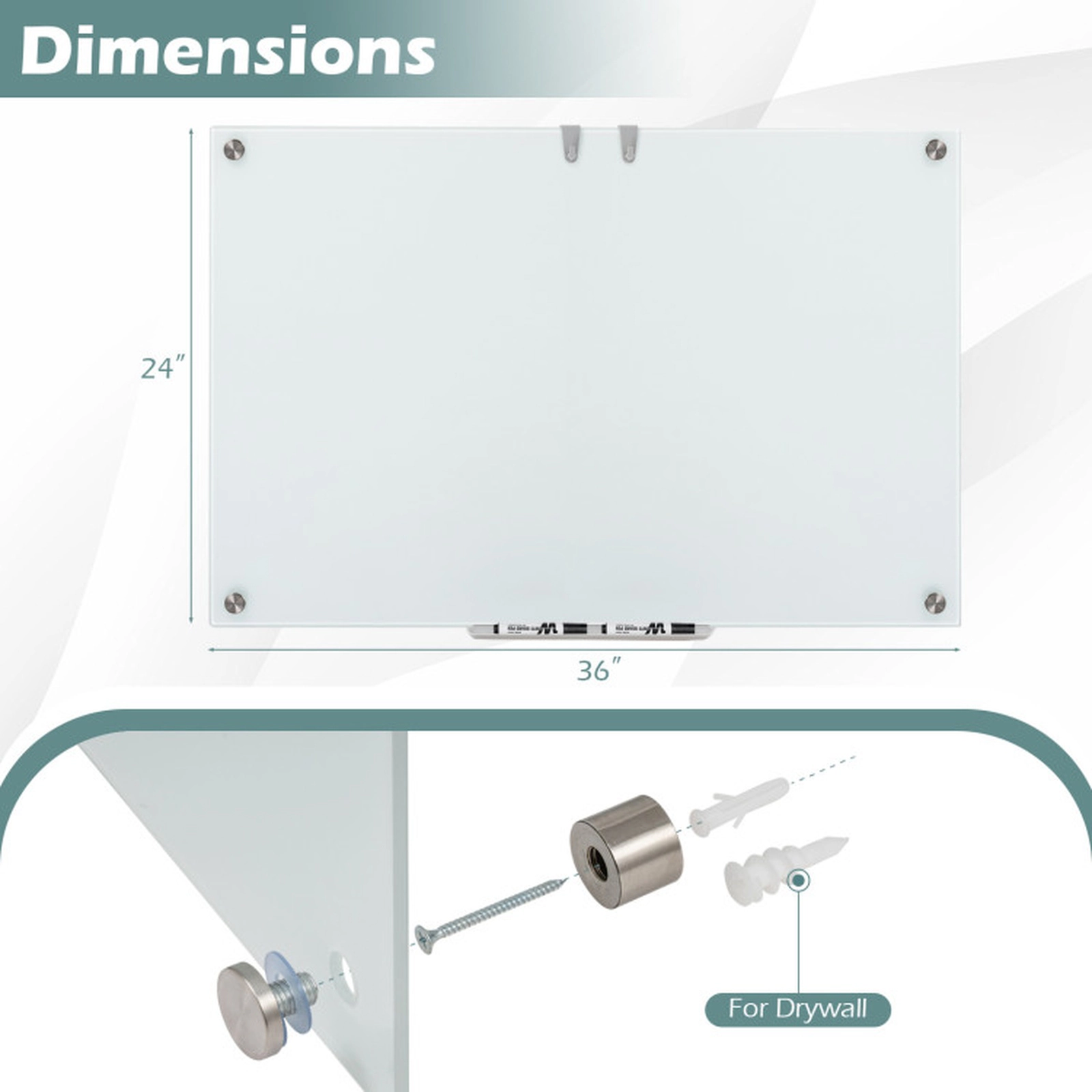 SUGIFT 36-in x 24-in 4-mm Frameless Magnetic Glass Whiteboard with Eraser and Removable Marker Tray
