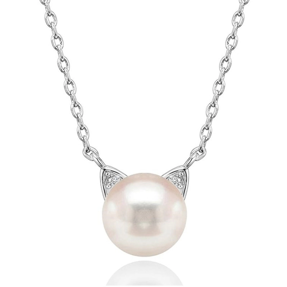Wardrobe Whimsy Dainty Cat Ear Imitation Pearl Pendant Necklace Cute Animal Jewelry