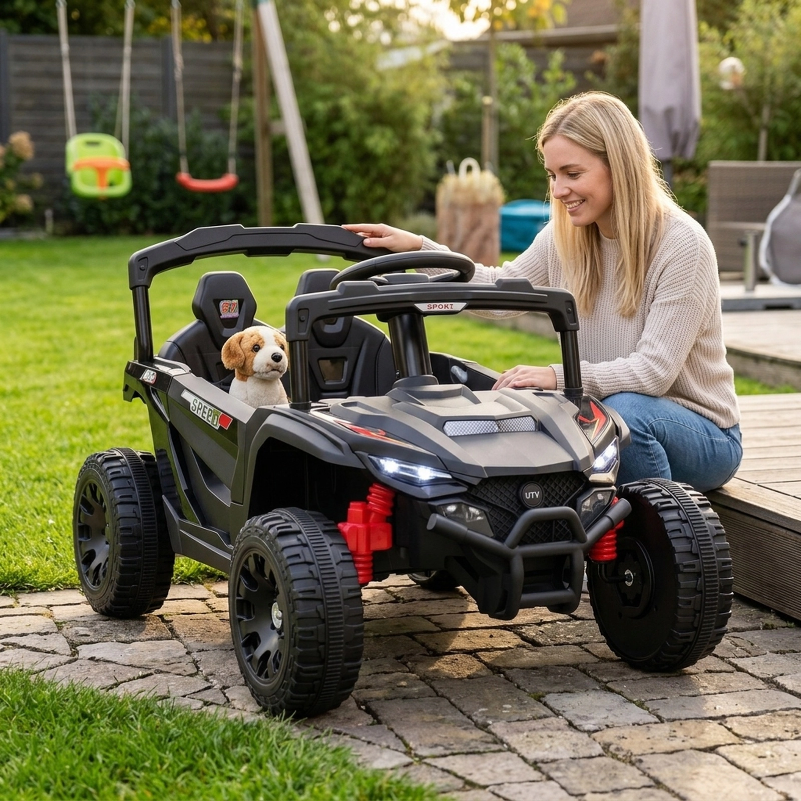 12V Kids Ride On UTV with Parent Remote Emergency Brake Lockable Doors Spring Suspension and LED Lights Ages 3+ Black