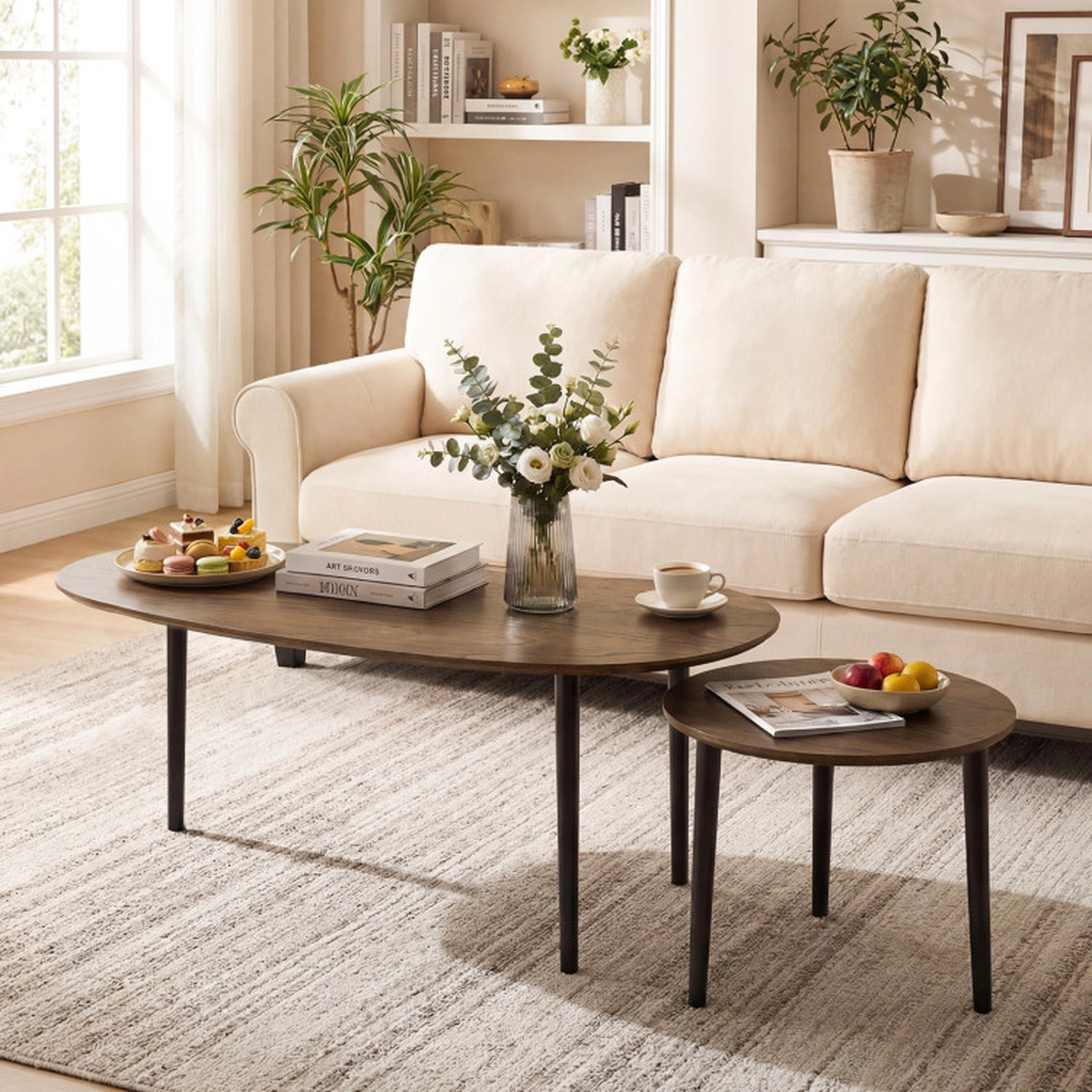 SUGIFT Set of 2 66-lb Capacity Mid Century Modern Walnut Nesting Coffee Tables with Rubber Wood Legs