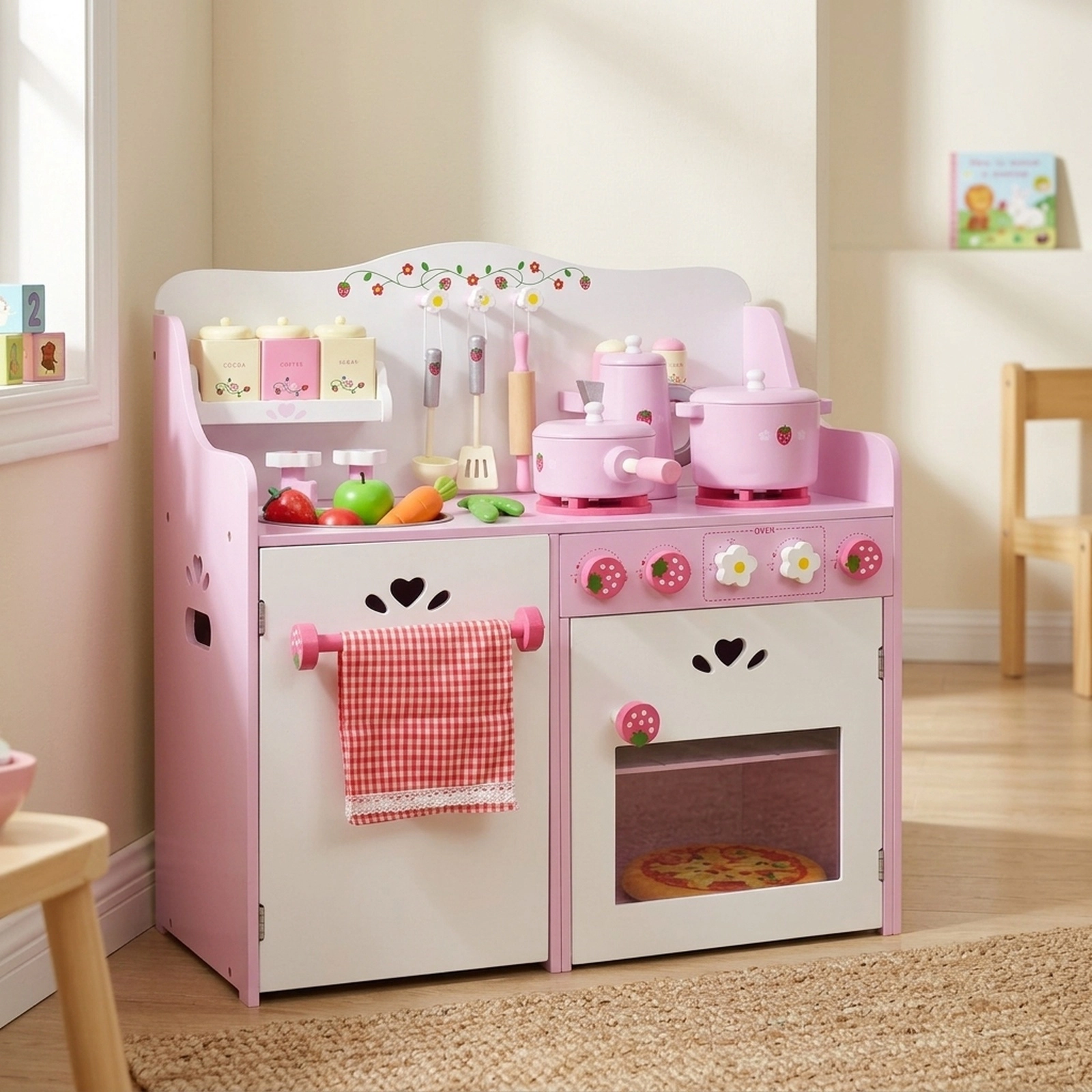 Small Wooden Play Kitchen for Toddlers Strawberry Design Working Knobs Storage Shelf 23.6-in x 11.6-in x 24.4-in Pink