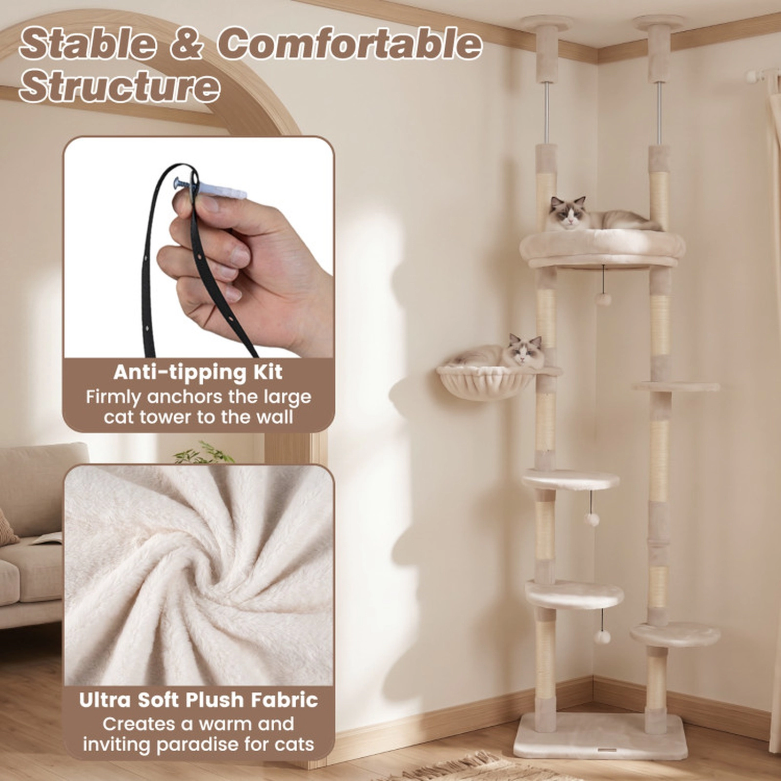 SUGIFT 6-Tier Floor to Ceiling Cat Tree Adjustable 93-in to 105.5-in with Rotating Plush Bed and Sisal Posts