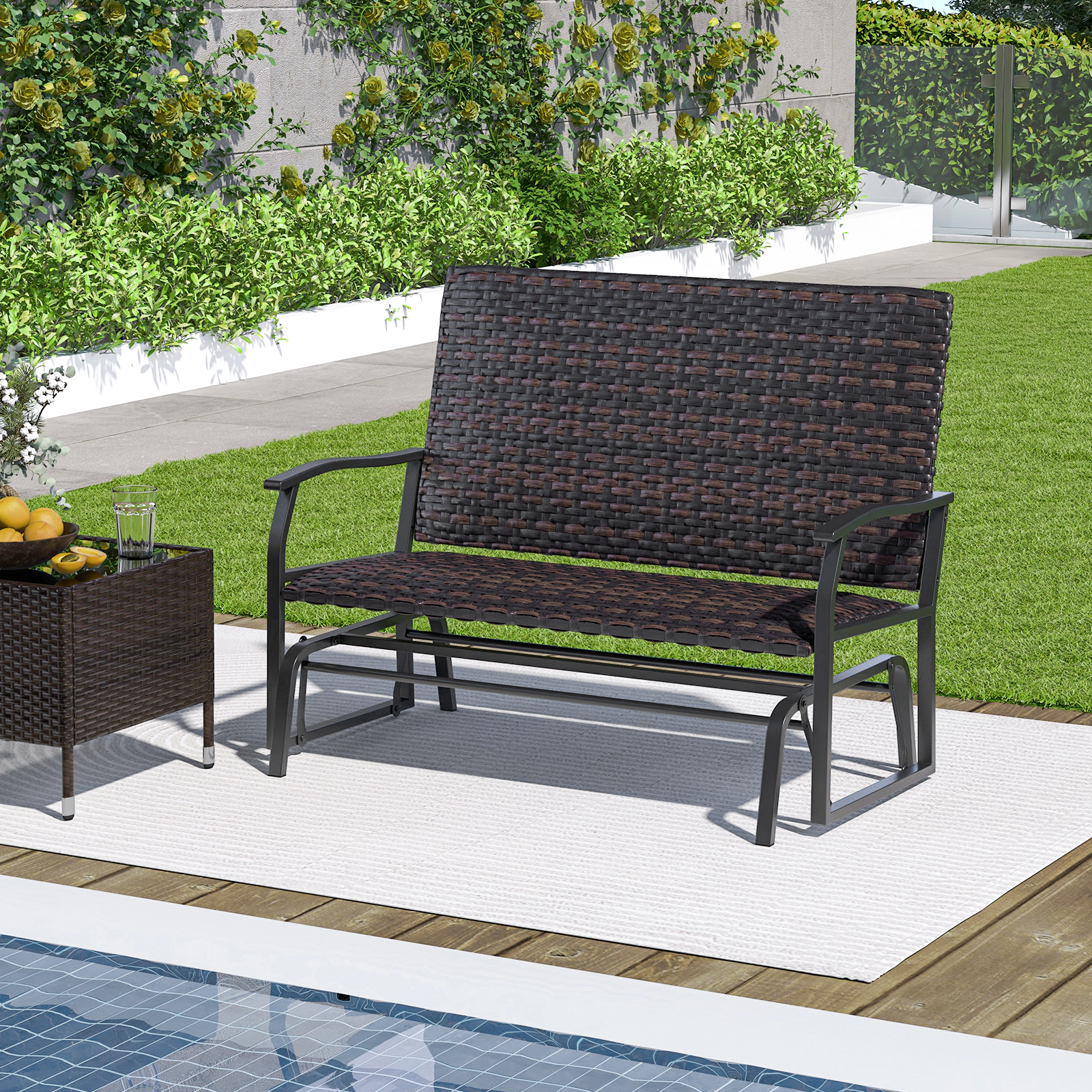 SUGIFT Brown Quick Dry Foam Seat 2-Person All Weather Outdoor Wicker Glider Bench