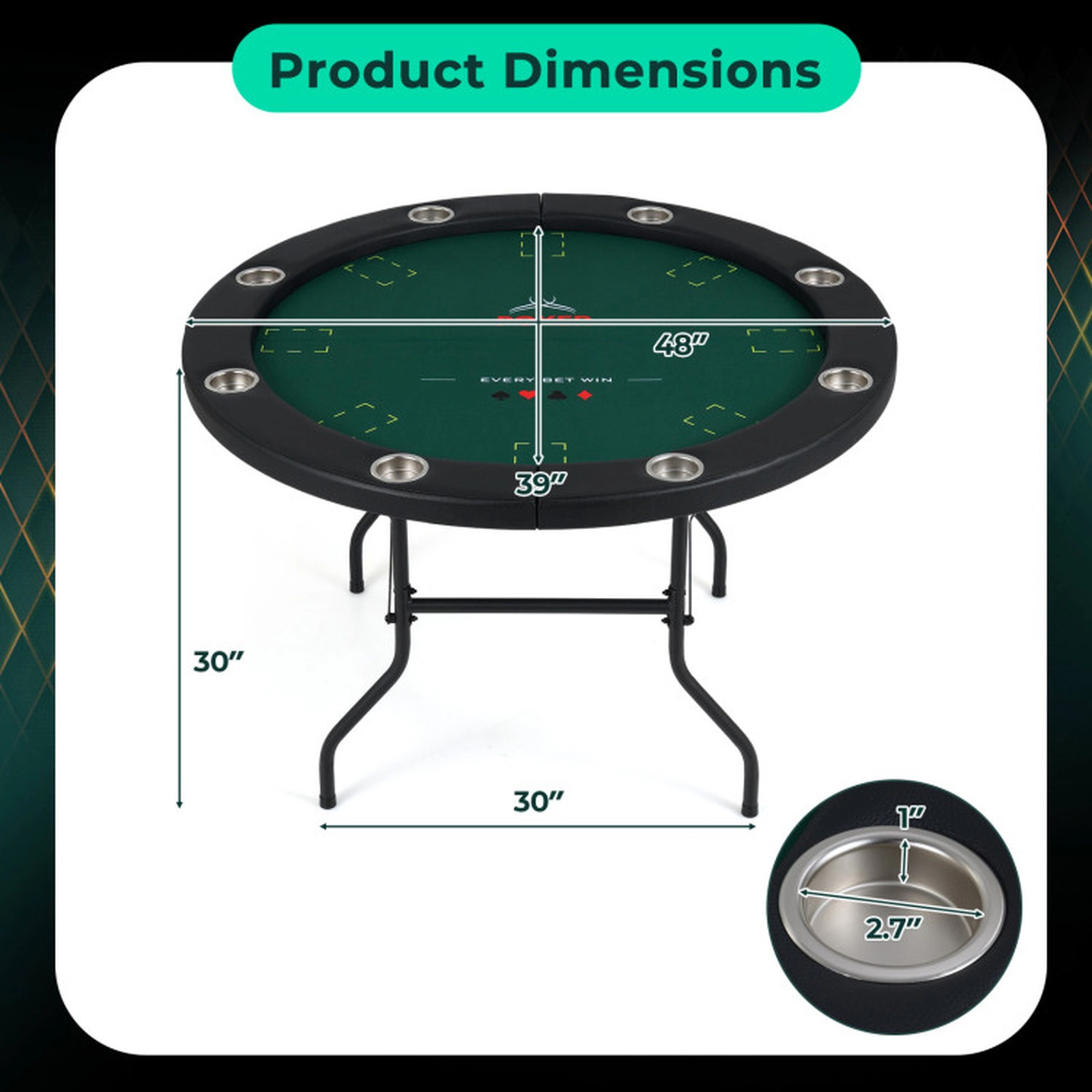 SUGIFT Green Round Foldable Poker Table with 8 Cup Holders and Padded Edges 48-in Dia 30-in H 220-lb Top Capacity