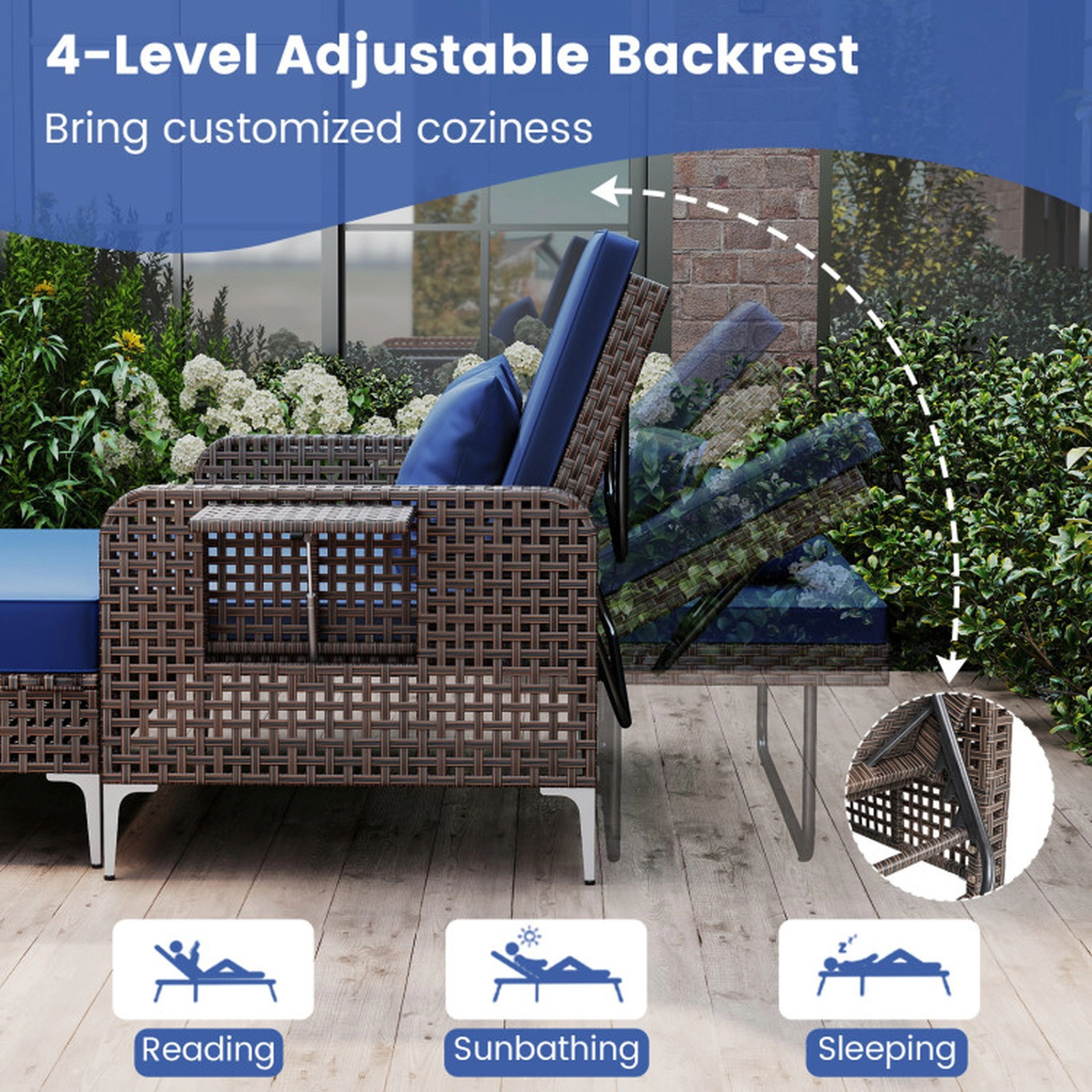 SUGIFT Navy Folding Table 2-Piece Patio Rattan Daybed Wicker Loveseat and Ottoman