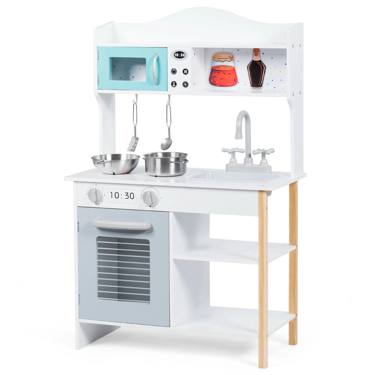 SUGIFT White Stove Sink and Storage Shelves Kids Wooden Play Kitchen Cookware Set