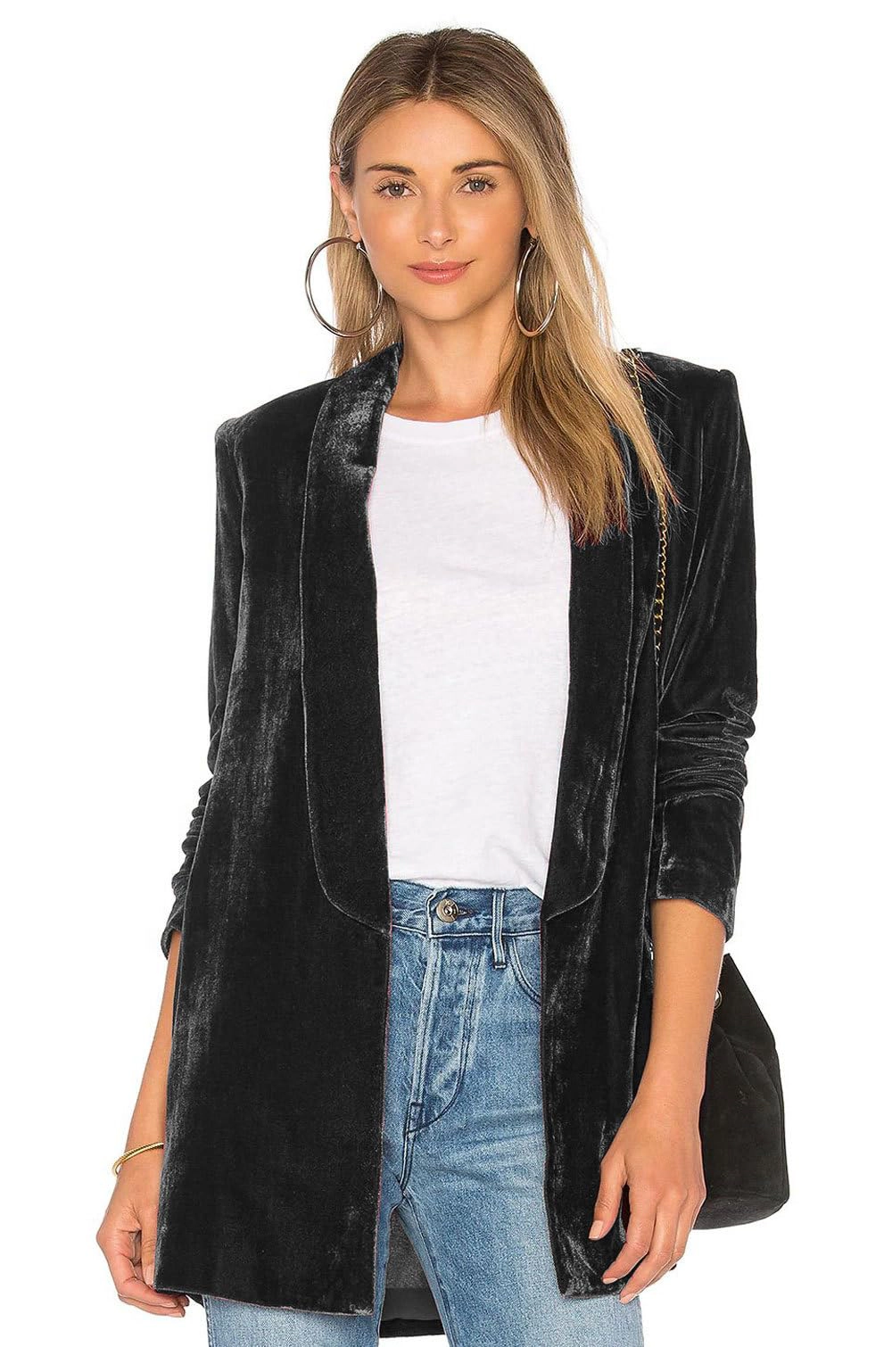 KOJOOIN Women's Velvet Open Front Blazer Jacket Shawl Lapel Mid‑Length Dressy Outerwear Party Suits
