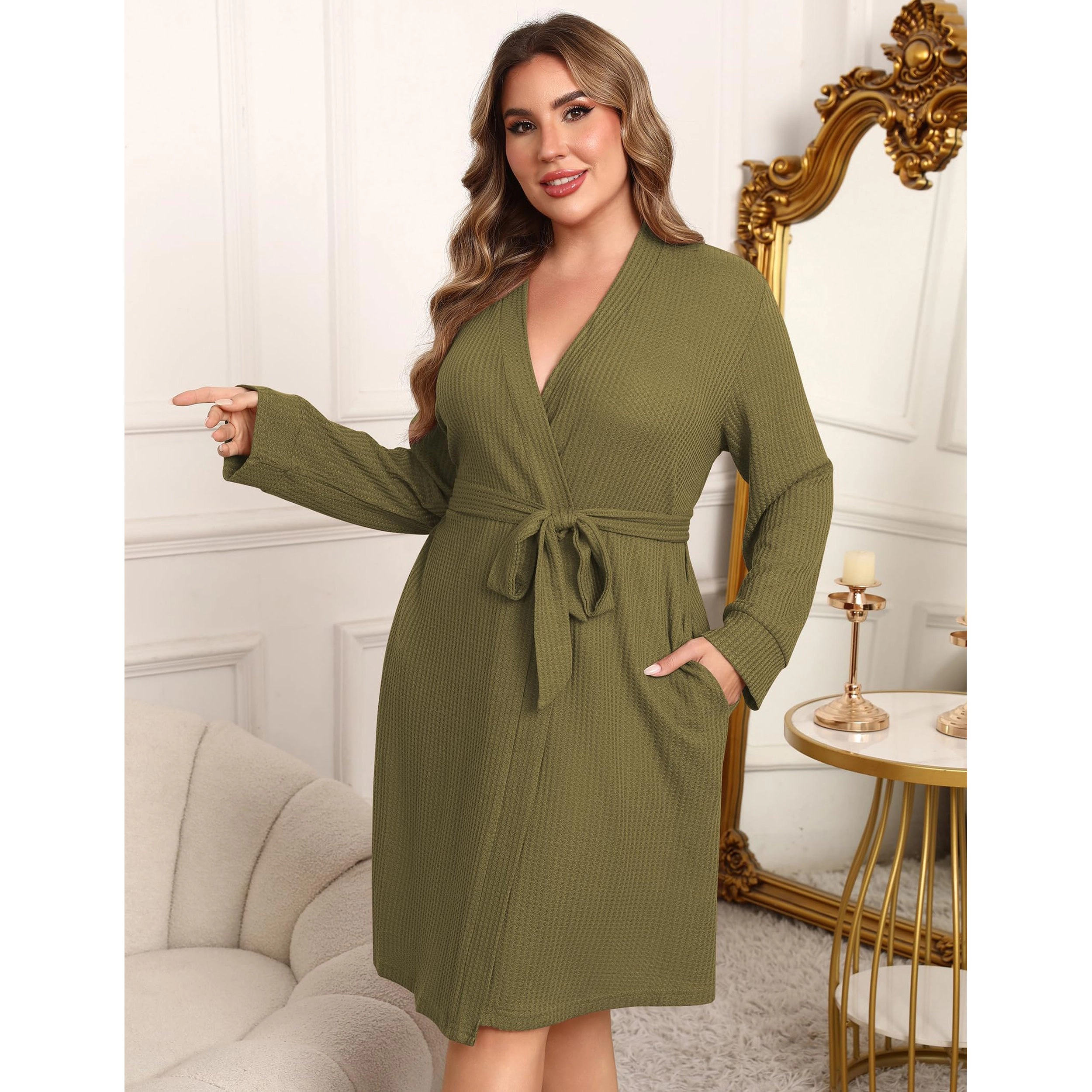 Ekouaer Women Robe Waffle Knit Bathrobe Short Lightweight Kimono Robes with Pockets Maternity