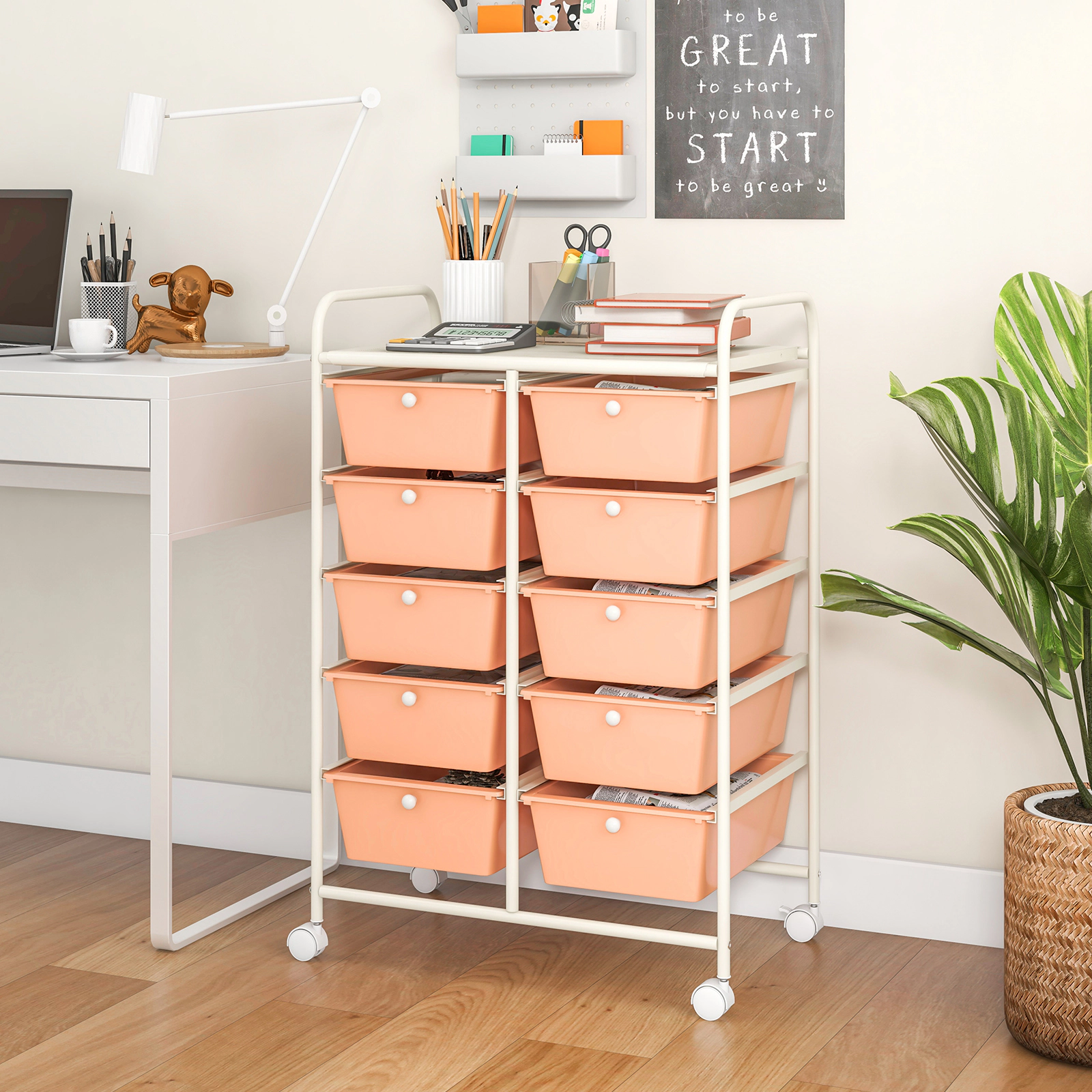SUGIFT Peach 10-Drawer Rolling Storage Cart Organizer with 5-in Deep Bins Mesh Top Shelf and Locking Wheels