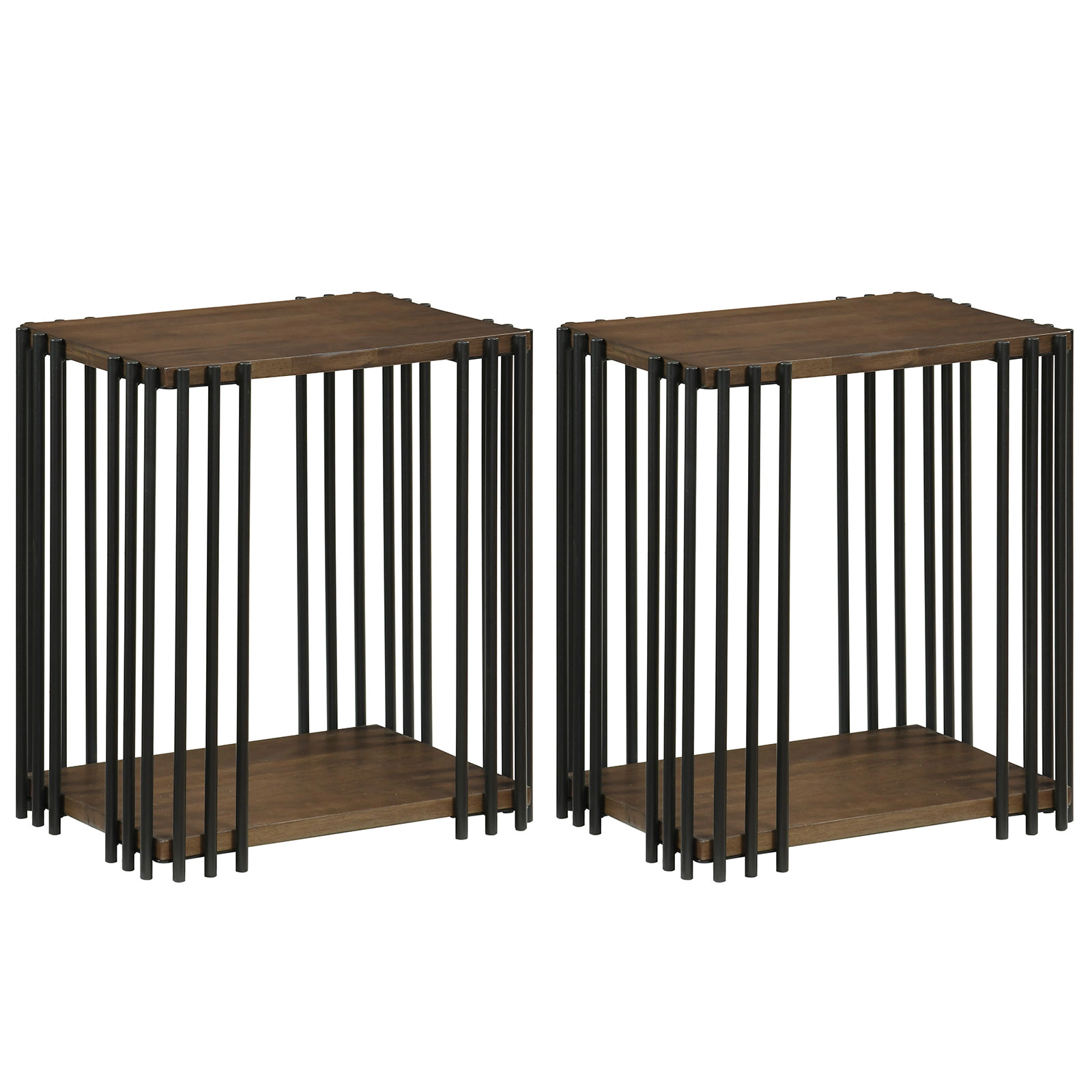 LJG Rubber Wood Side Table Set of 2 with 2-Layer Storage Shelves and Metal Frame