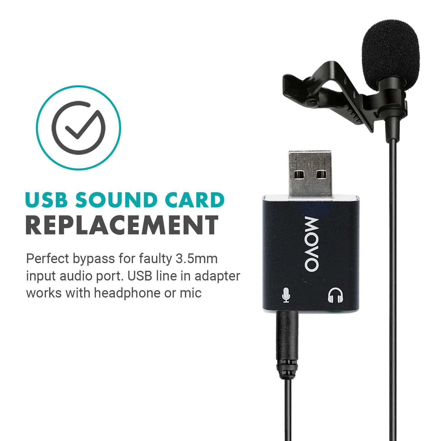 Movo USB-AC 3.5mm TRS Microphone to USB 2.0 Stereo Audio External Sound Card Adapter for PC and Mac. USB Sound Card