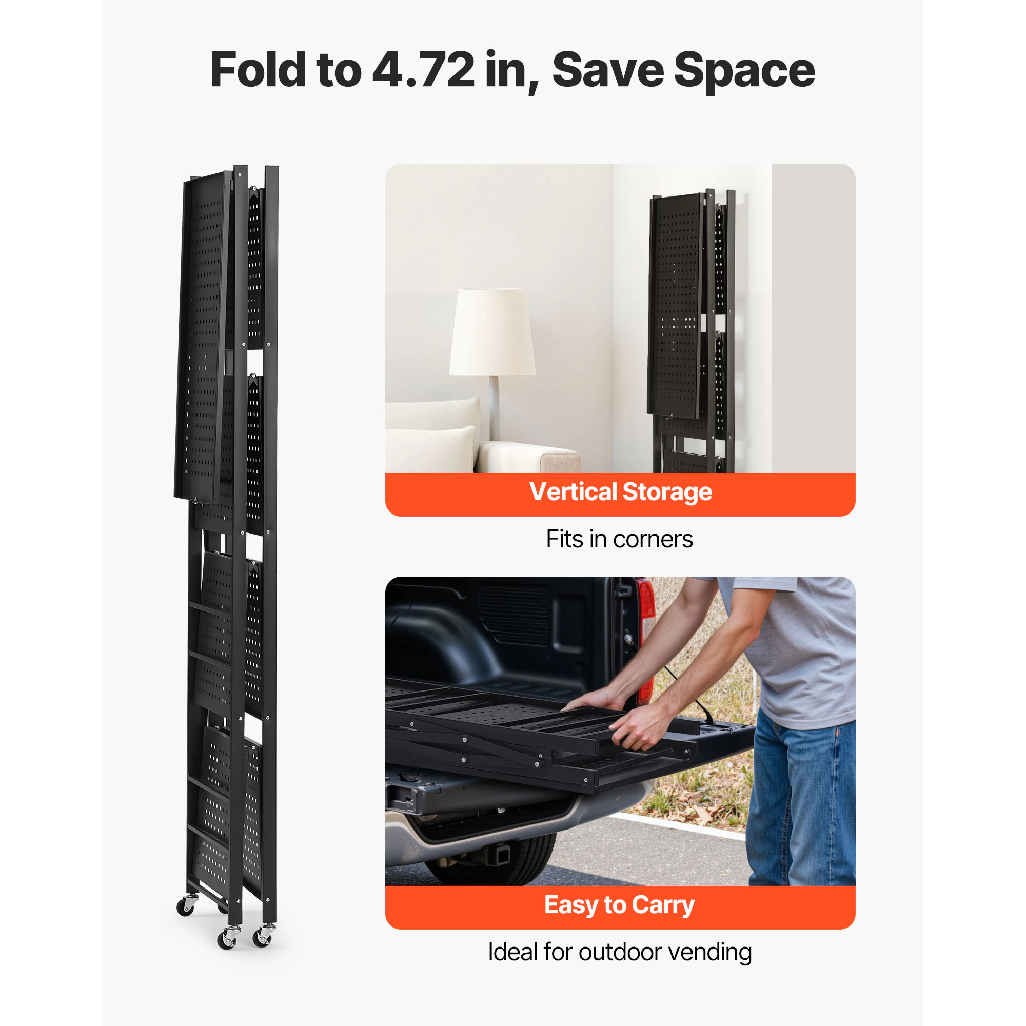 HONGGE Foldable Storage Shelf Folding Metal Rack Shelving Unit No Assembly Organizer Shelf with 5 Wheels & 4 Hooks for