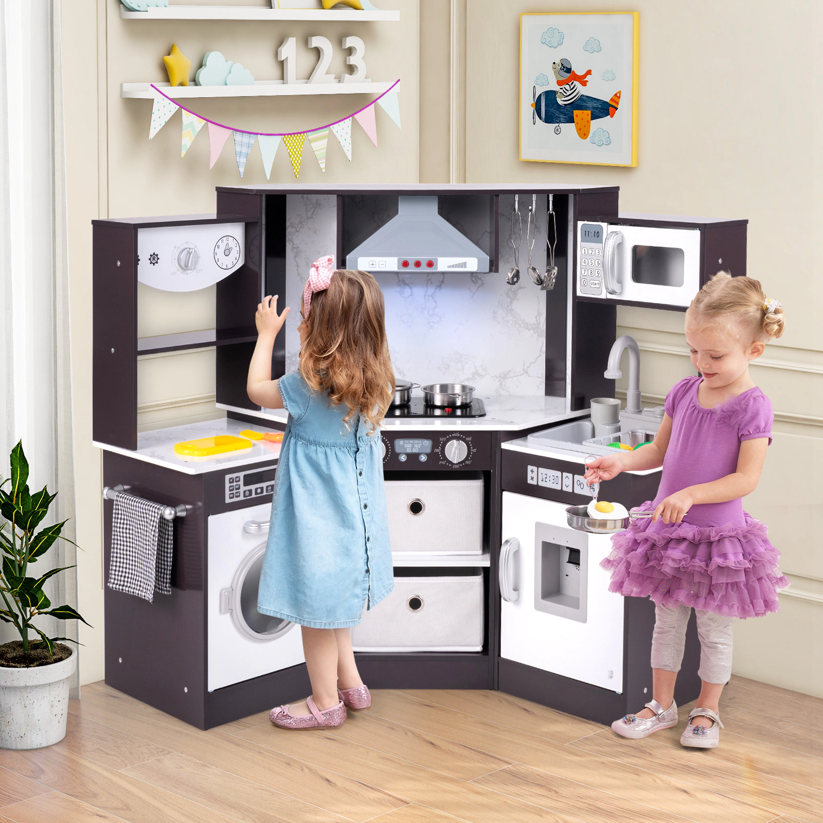 Wooden Kids Play Kitchen Water Circulation Water Dispenser Washing Machine Chef Hat 40-in x 20-in x 33.5-in Coffee