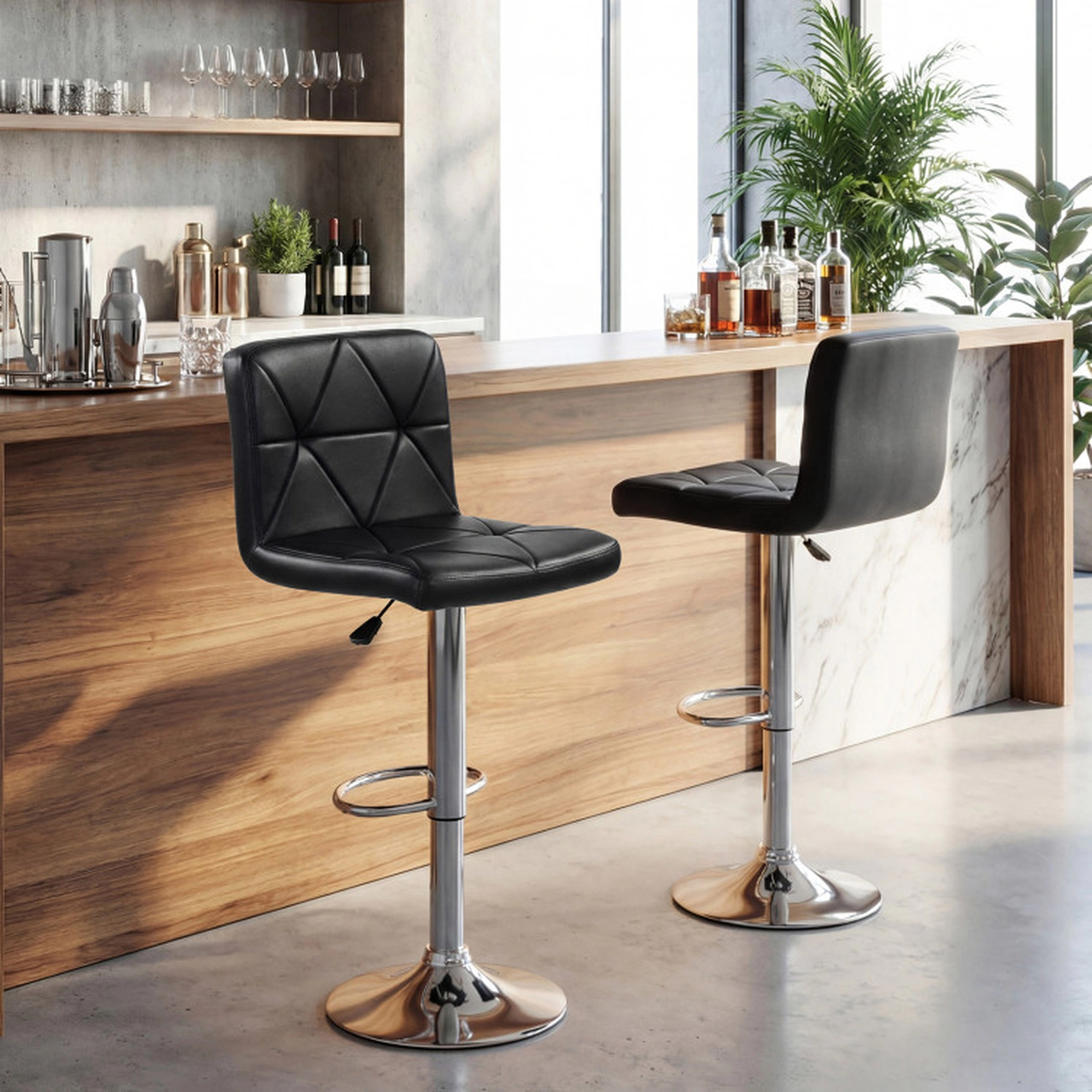 SUGIFT Adjustable 360° Swivel Bar Stools Set of 2 Back & Footrest 355-lb Capacity 25-in Seat Height Black Faux Leather