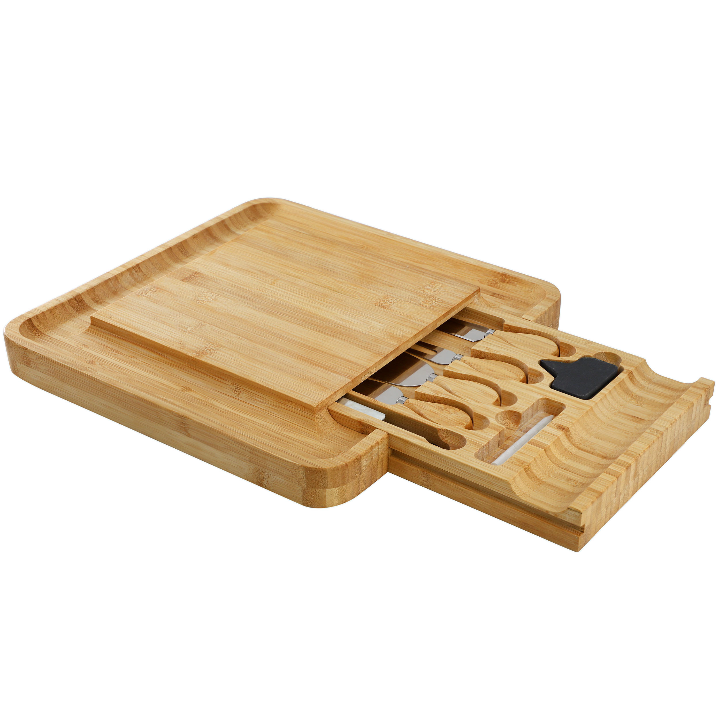MegaChef Bamboo Charcuterie Cheese Board Slide Out Drawer Cheese Utensils, Bottle Opener, 3 Piece Mini Chalkboard Set