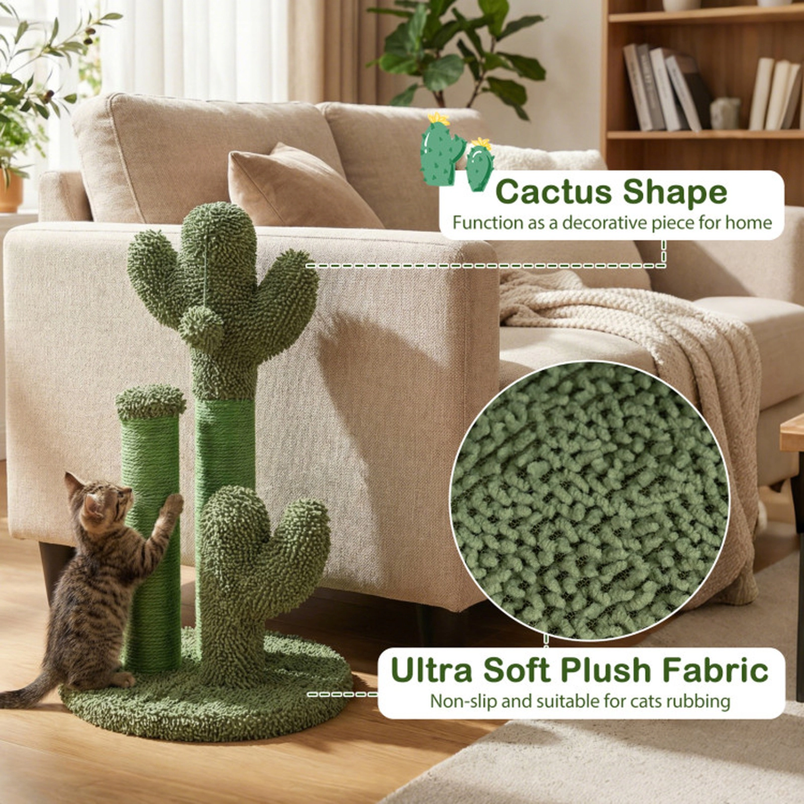 SUGIFT 22 Inch Cactus Cat Scratching Post Green with Natural Sisal Rope and Ball