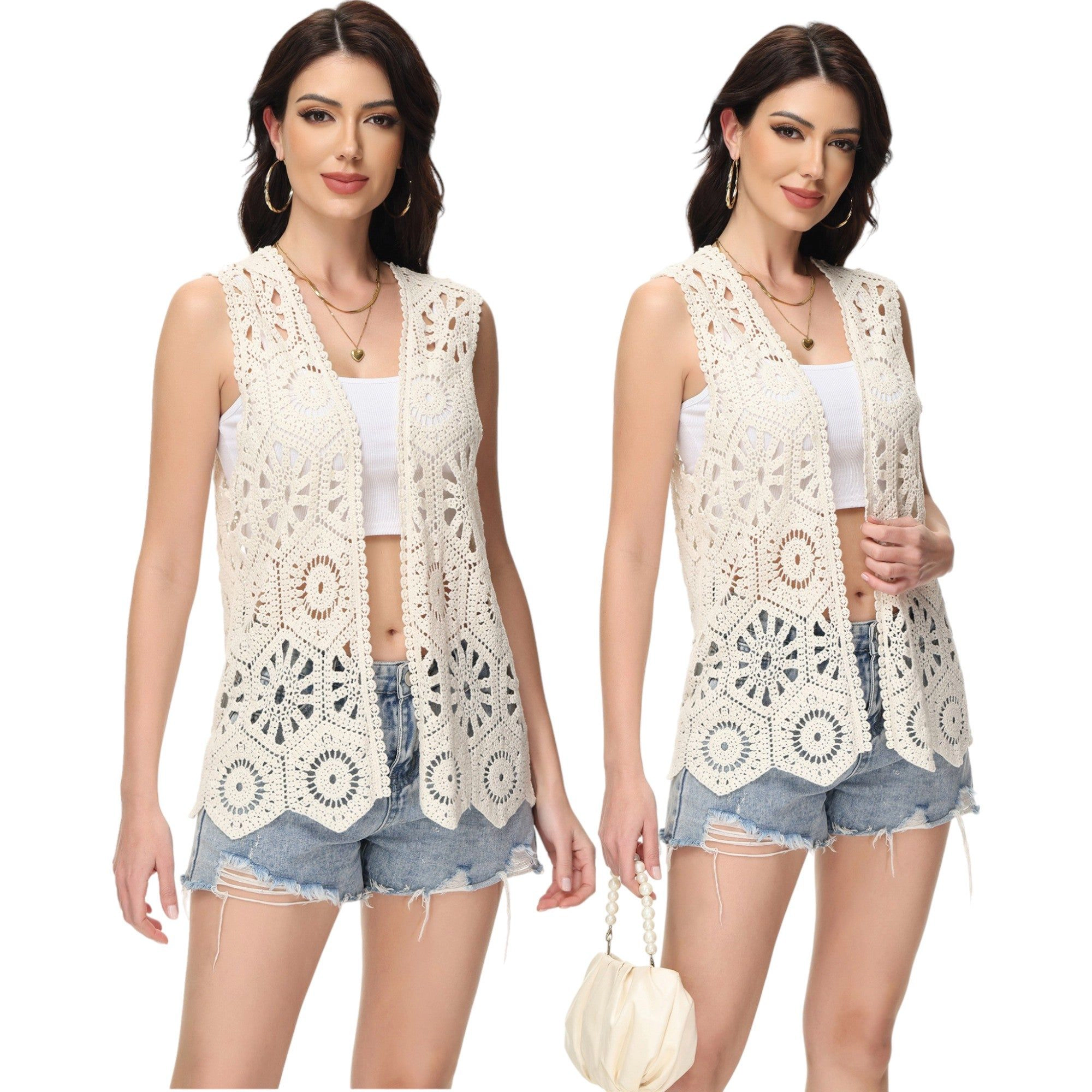 Anna-Kaci Women's Floral Crochet Cardigan Lace Trim Open Front Vest