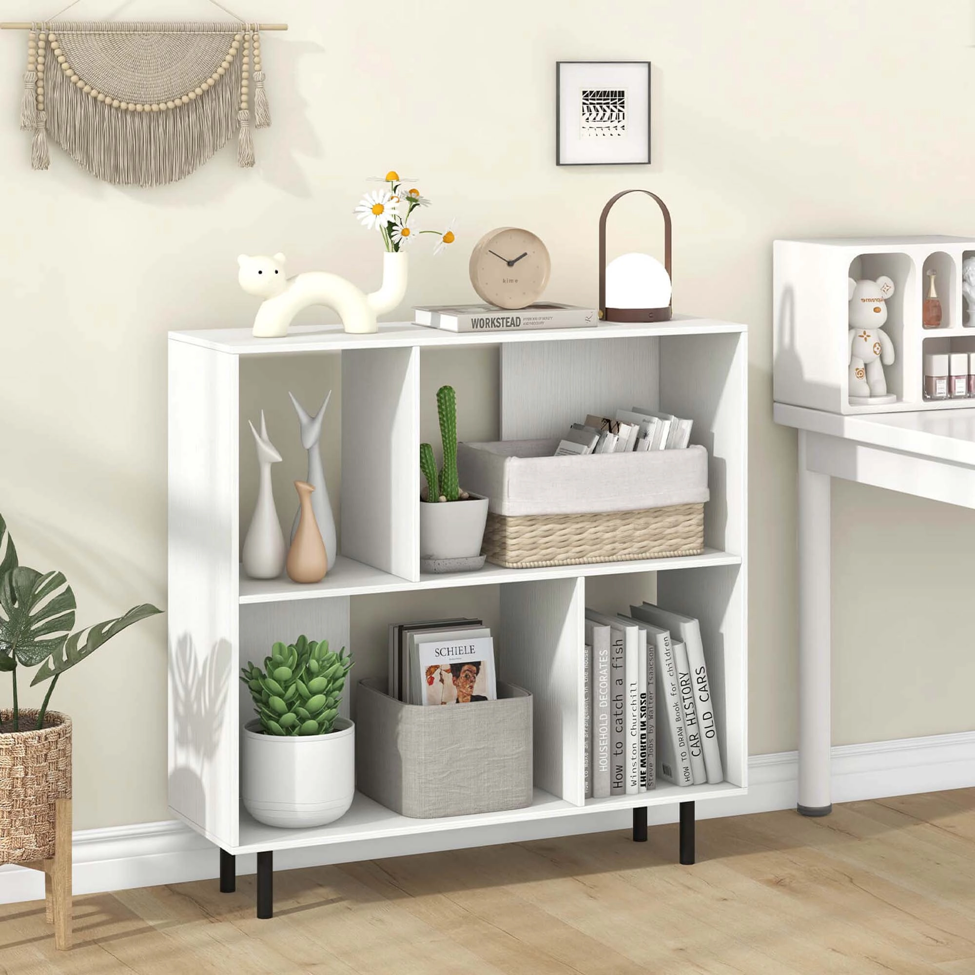 Costway Open Shelf Bookcase Mid Century Modern Cube Bookshelf with 4 Compartments Black