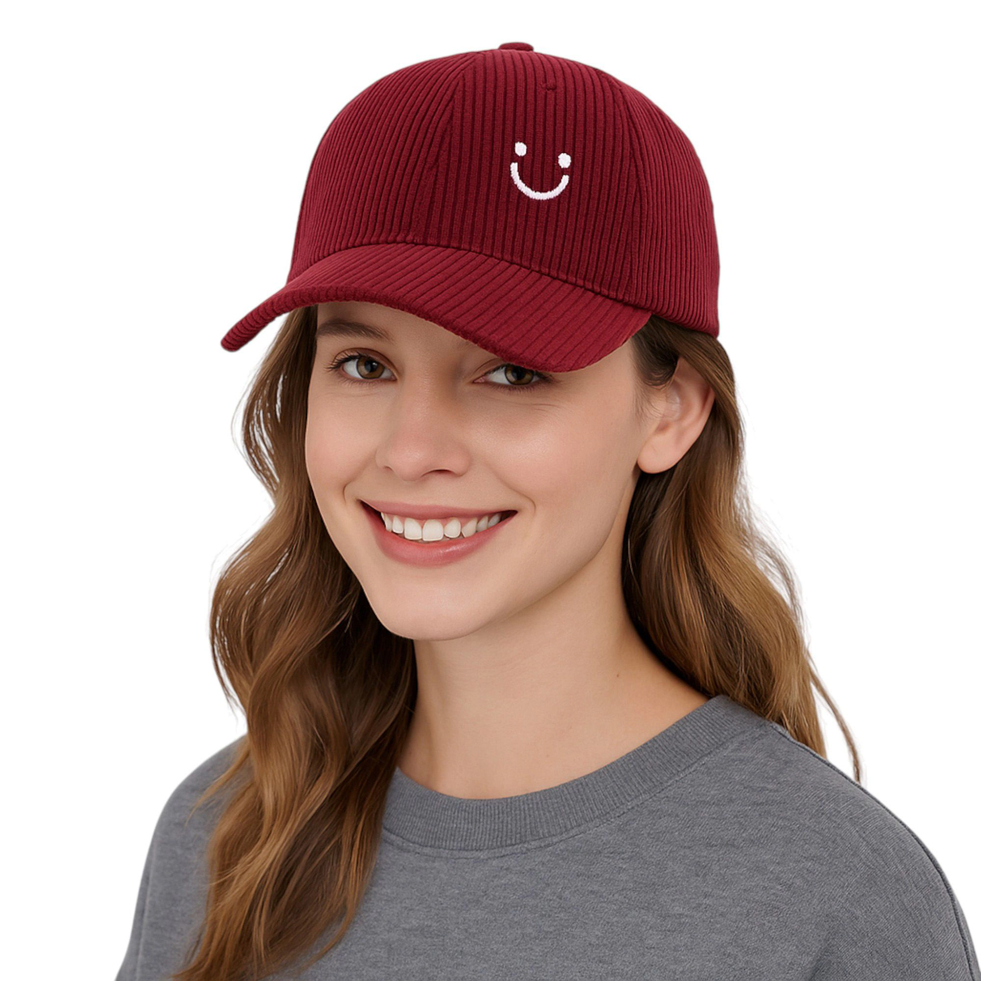 Anna-Kaci Women's Corduroy Baseball Cap with Soft Ribbed Texture and Embroidered Smiley Detail