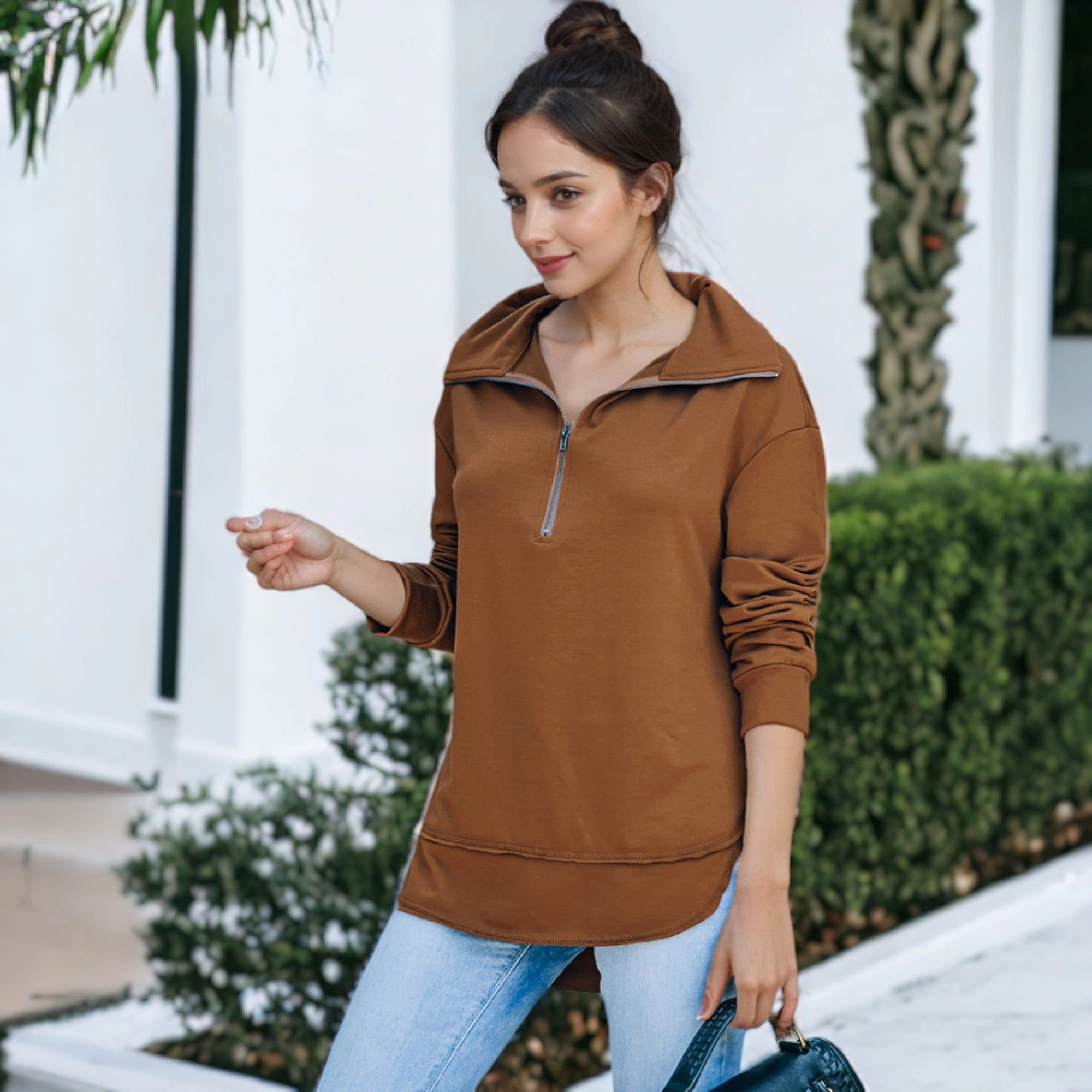 Anna-Kaci Women's Zip Up Funnel Neck Fashion Sweater