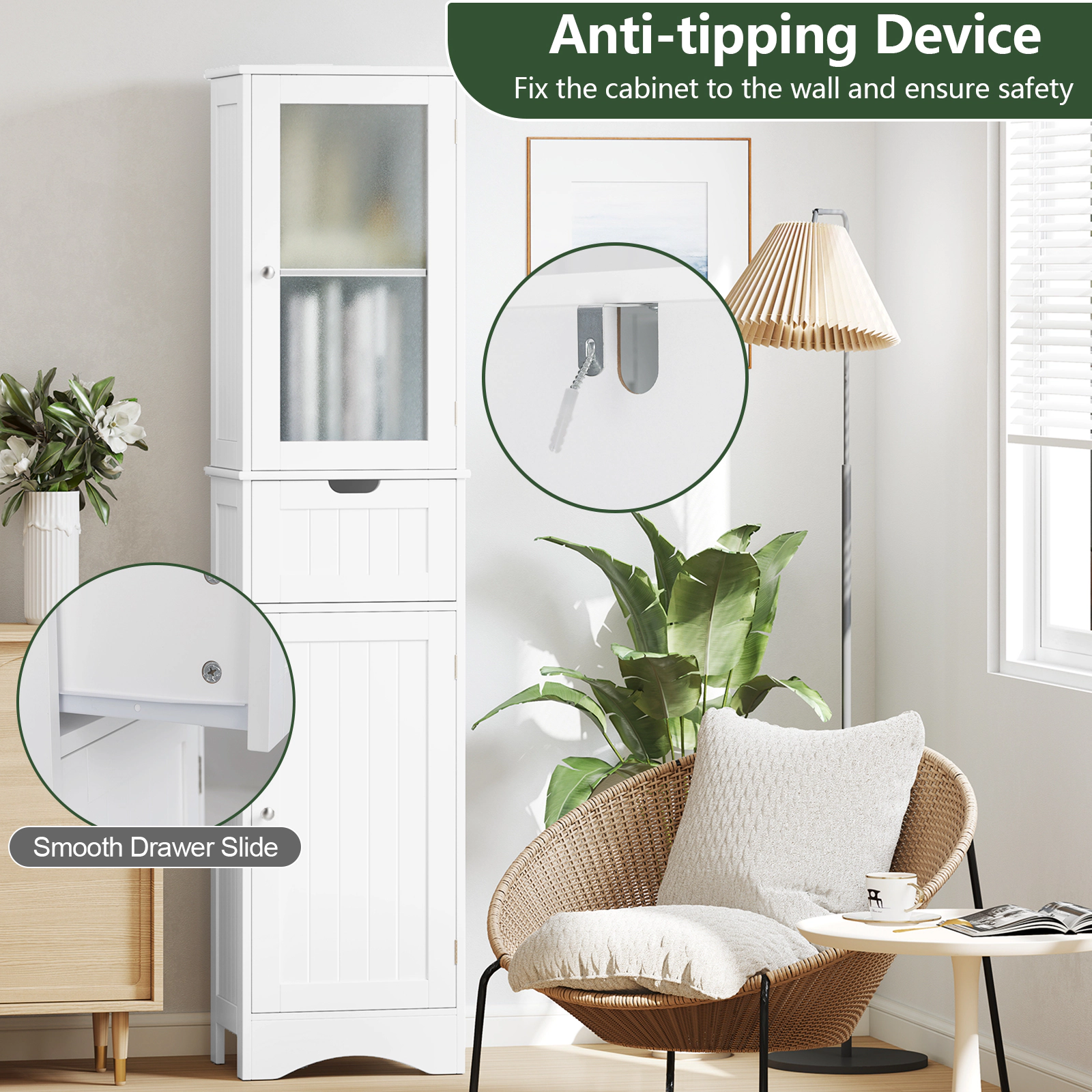 SUGIFT Tall 2-Door Drawer Tempered Glass Bathroom Floor Storage Cabinet 16-in x 12-in x 67-in 33-lb per Shelf White