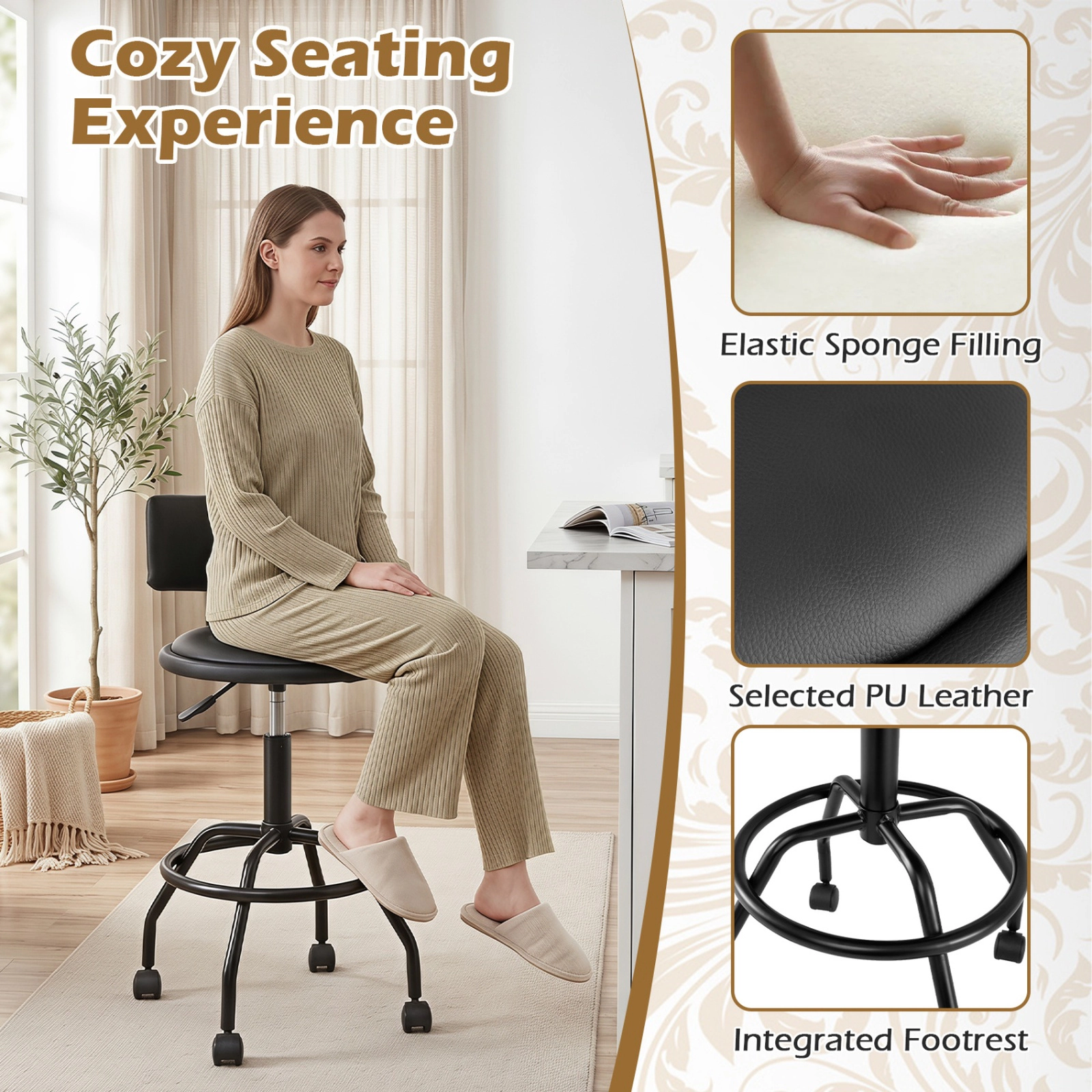 SUGIFT Modern Swivel Height Adjustable Bar Stools with Backrest 330-lb Capacity Black