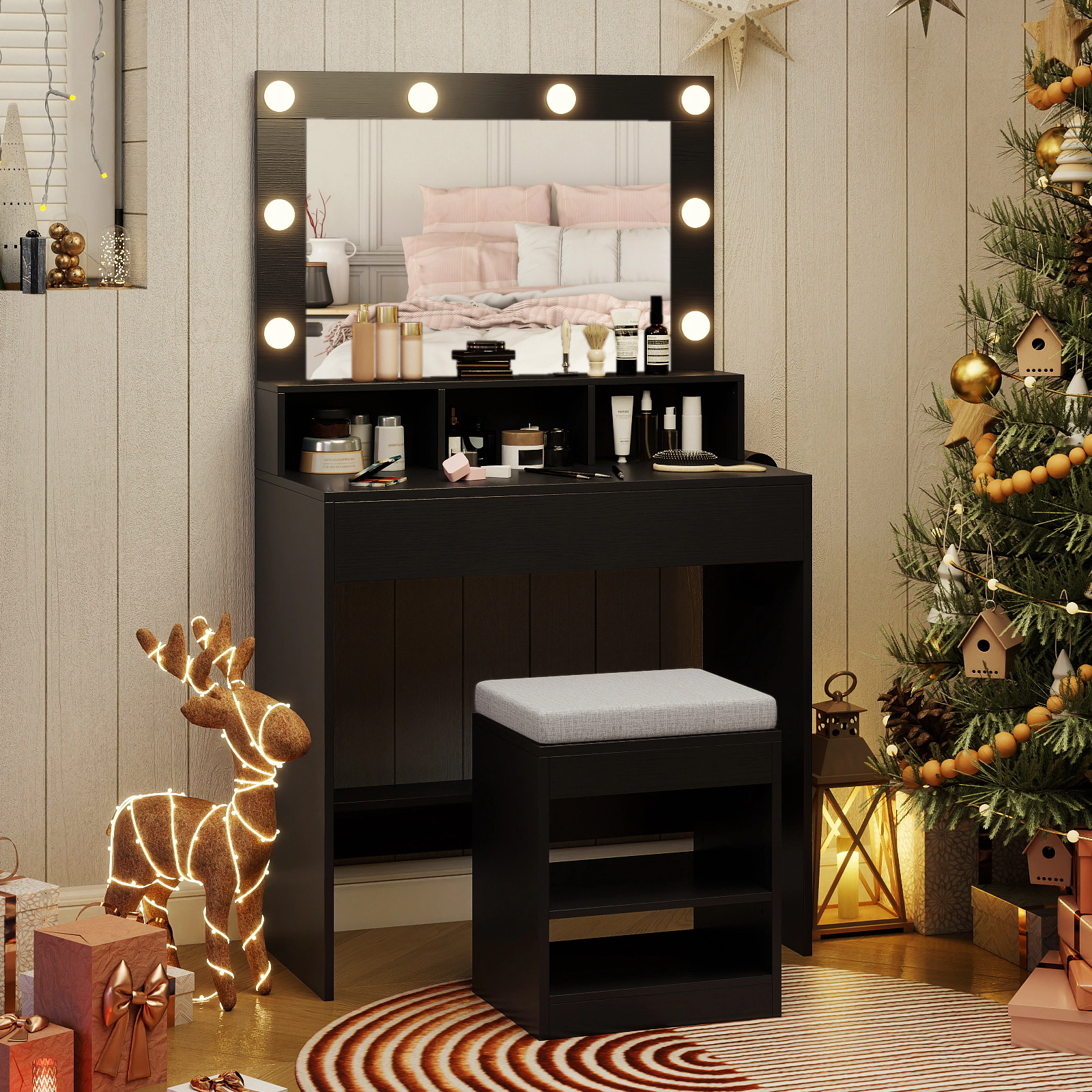 SUGIFT 2-Piece Vanity Set with Lighted Mirror, Storage Stool and Charging Station